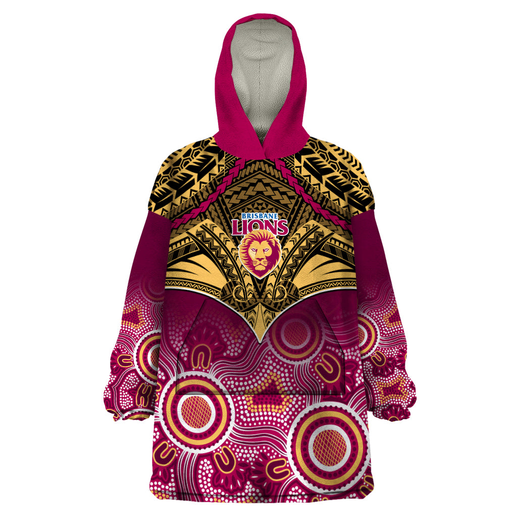 Brisbane Football Wearable Blanket Hoodie Go Lions Aboriginal Mix Polynesian Pattern - Vibe Hoodie Shop