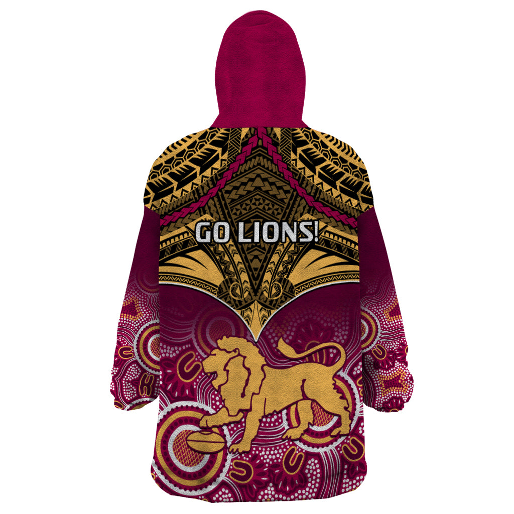 Brisbane Football Wearable Blanket Hoodie Go Lions Aboriginal Mix Polynesian Pattern - Vibe Hoodie Shop