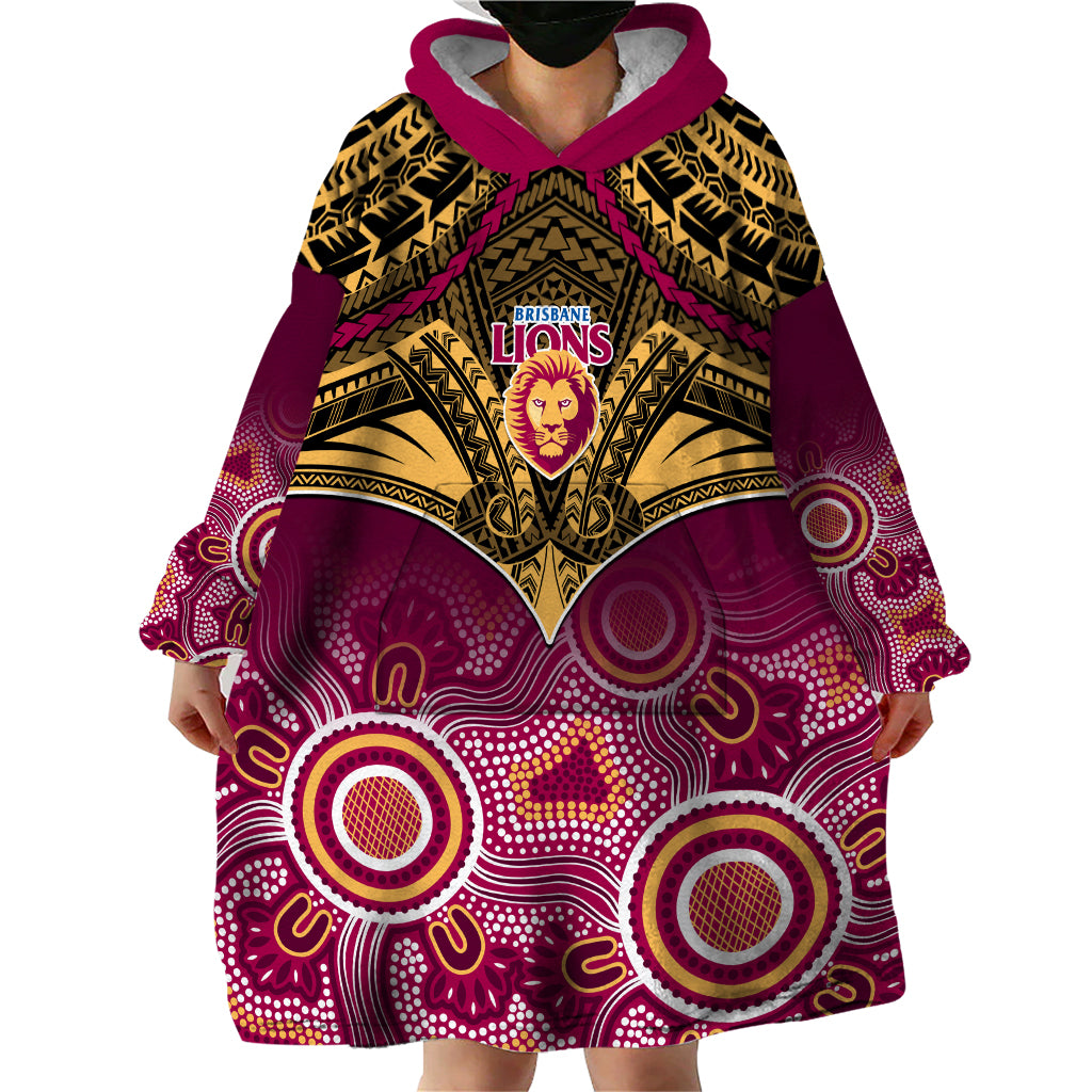 Brisbane Football Wearable Blanket Hoodie Go Lions Aboriginal Mix Polynesian Pattern - Vibe Hoodie Shop