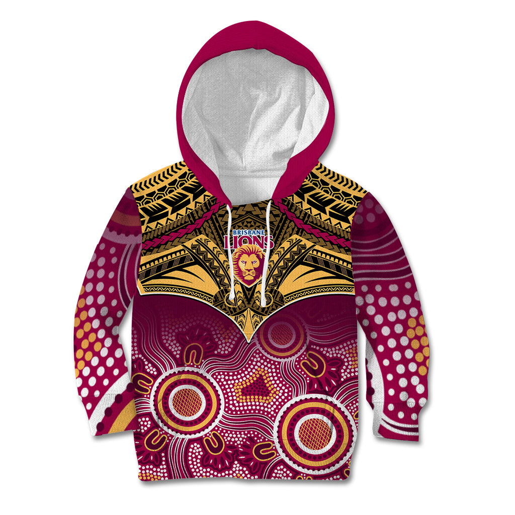 Personalised Brisbane Football Kid Hoodie Go Lions Aboriginal Mix Polynesian Pattern - Vibe Hoodie Shop