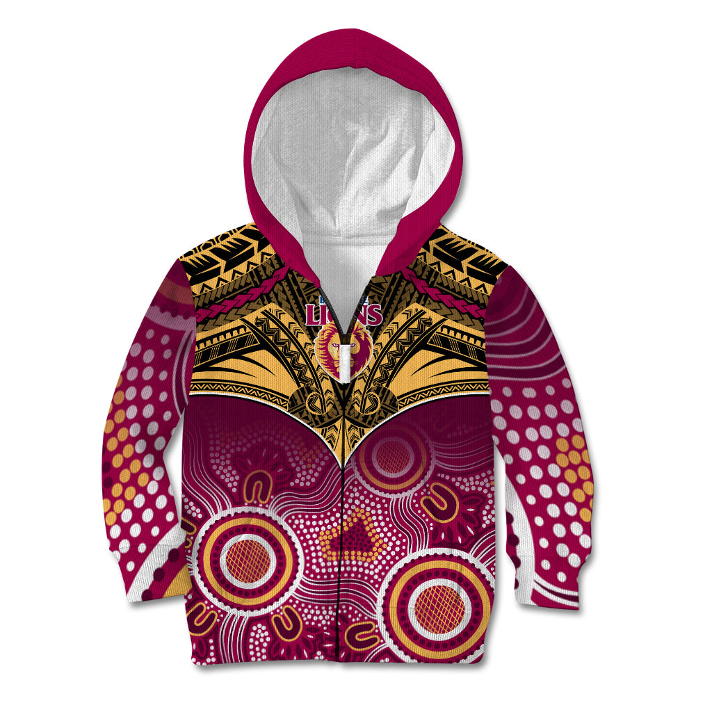 Personalised Brisbane Football Kid Hoodie Go Lions Aboriginal Mix Polynesian Pattern - Vibe Hoodie Shop