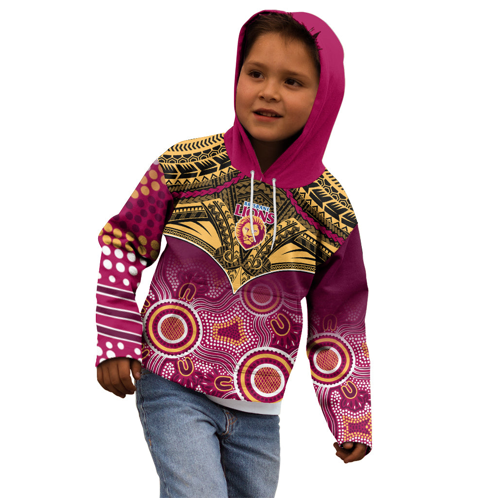 Personalised Brisbane Football Kid Hoodie Go Lions Aboriginal Mix Polynesian Pattern - Vibe Hoodie Shop