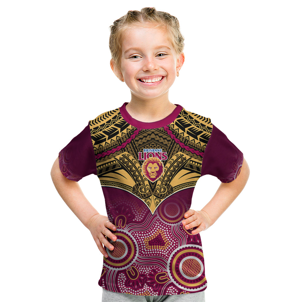 Personalised Brisbane Football Kid T Shirt Go Lions Aboriginal Mix Polynesian Pattern - Vibe Hoodie Shop