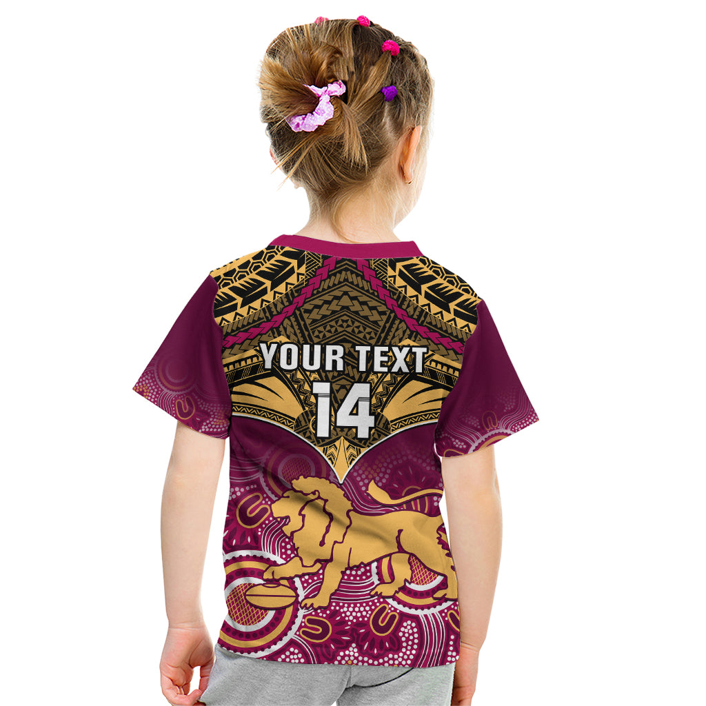 Personalised Brisbane Football Kid T Shirt Go Lions Aboriginal Mix Polynesian Pattern - Vibe Hoodie Shop