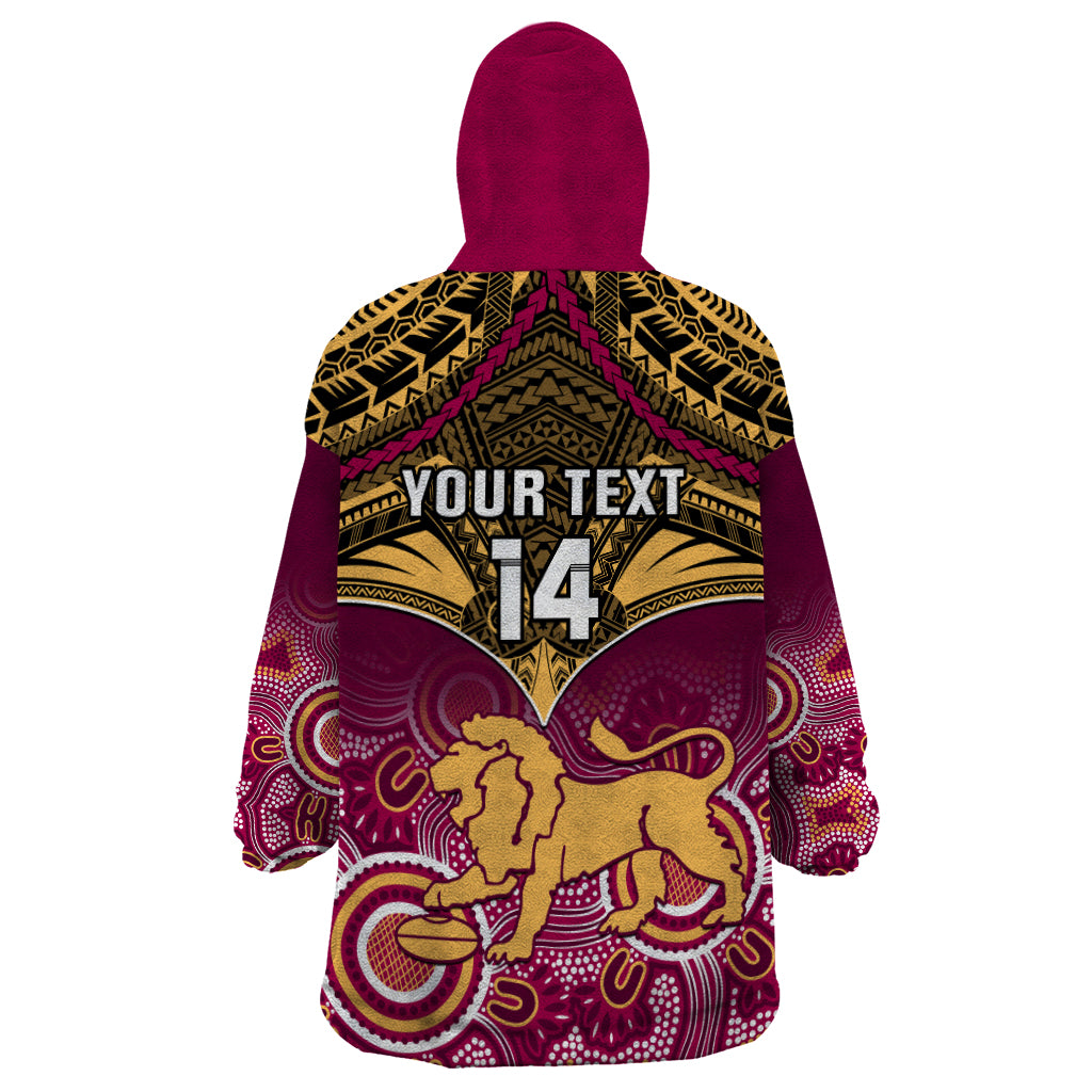 Personalised Brisbane Football Wearable Blanket Hoodie Go Lions Aboriginal Mix Polynesian Pattern - Vibe Hoodie Shop