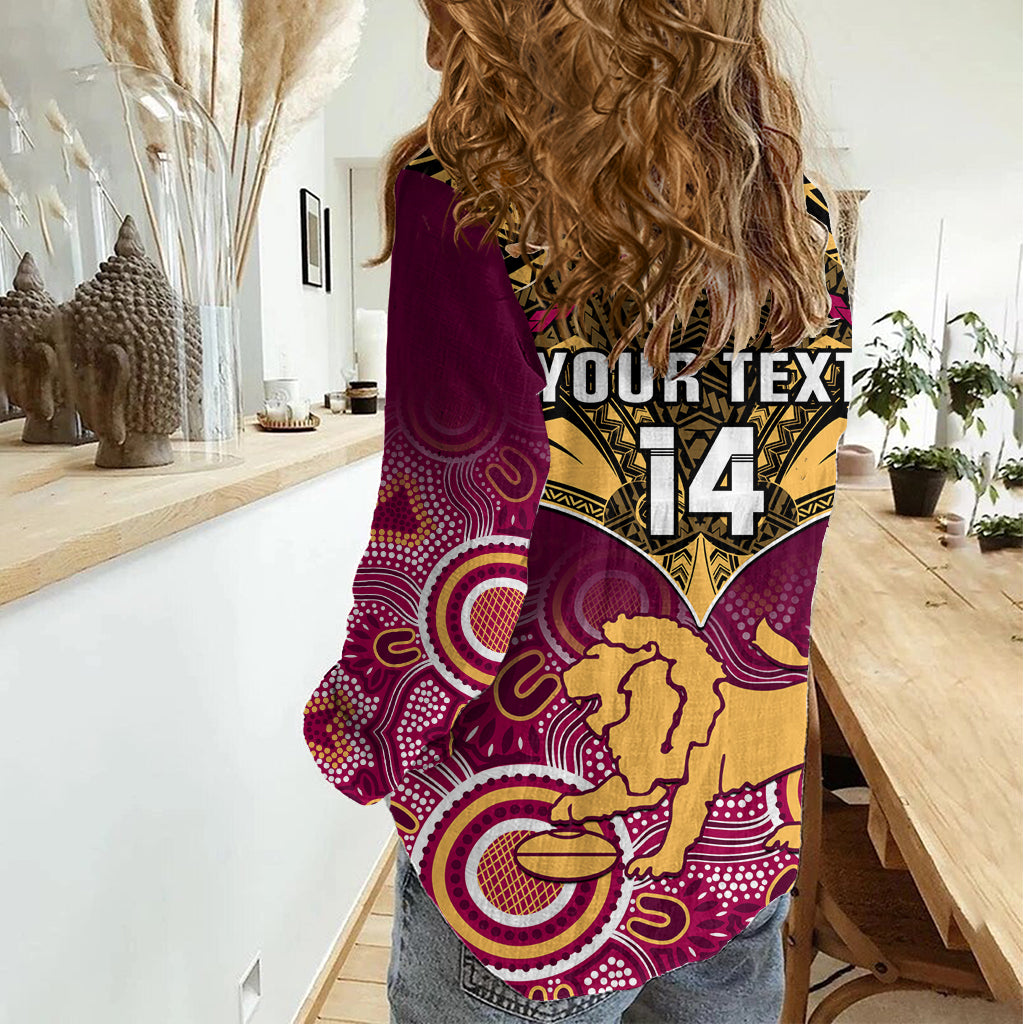 Personalised Brisbane Football Women Casual Shirt Go Lions Aboriginal Mix Polynesian Pattern - Vibe Hoodie Shop