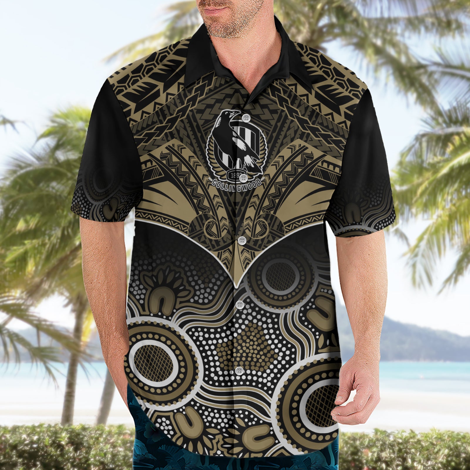 Collingwood Football Hawaiian Shirt Go Magpies Aboriginal Mix Polynesian Pattern - Vibe Hoodie Shop
