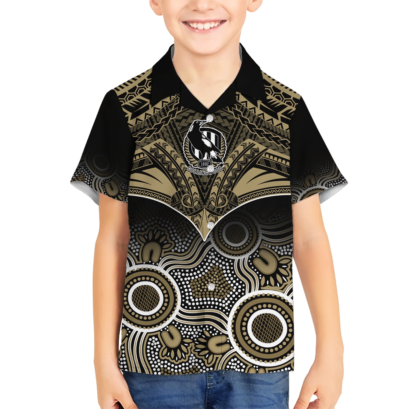 Collingwood Football Hawaiian Shirt Go Magpies Aboriginal Mix Polynesian Pattern - Vibe Hoodie Shop