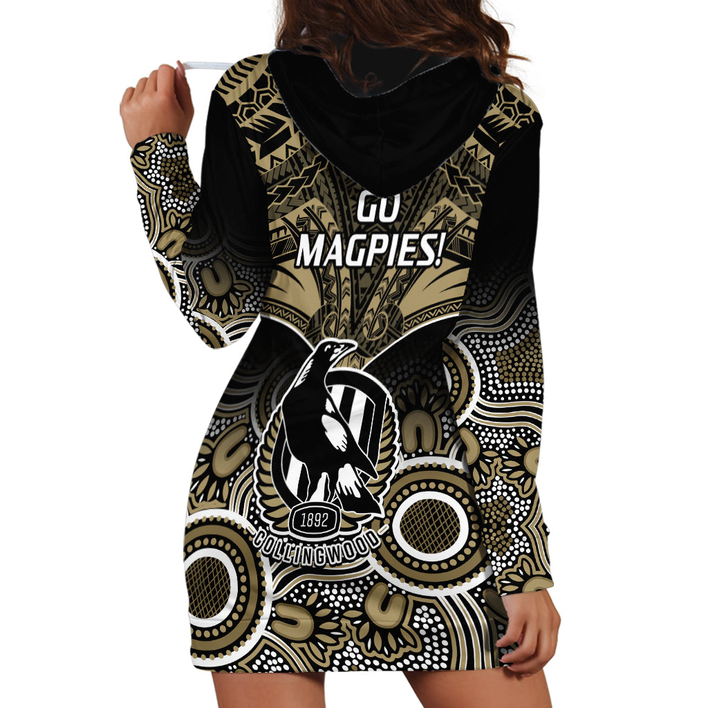 Collingwood Football Hoodie Dress Go Magpies Aboriginal Mix Polynesian Pattern - Vibe Hoodie Shop