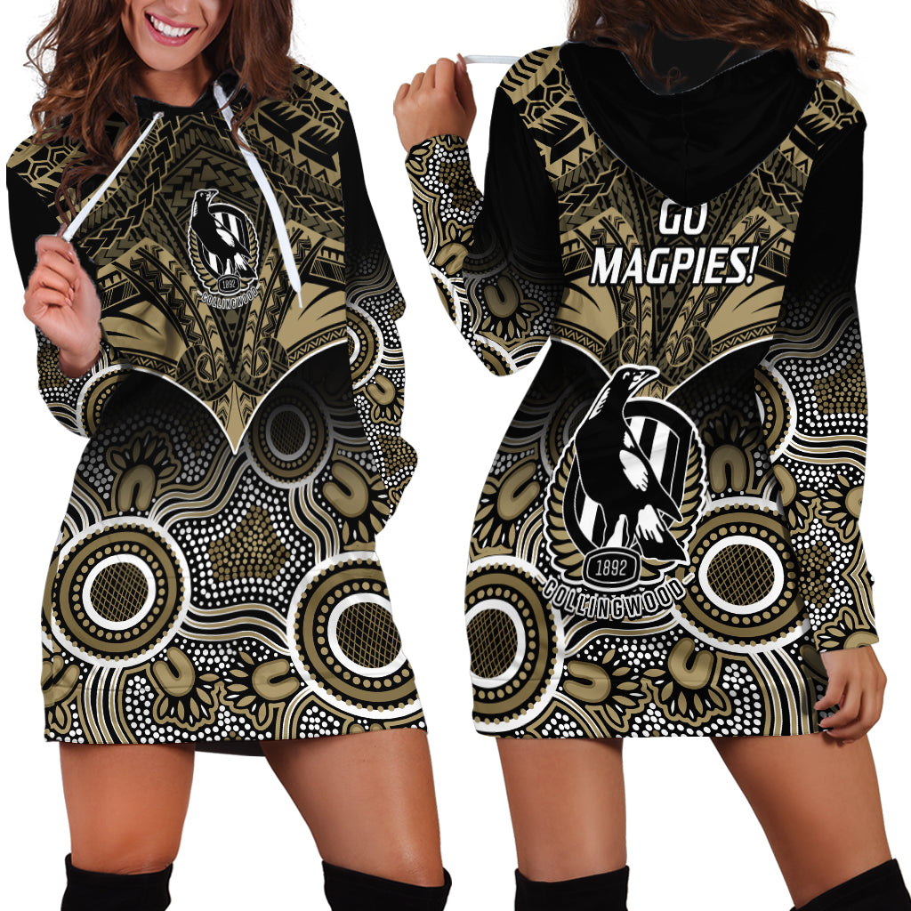 Collingwood Football Hoodie Dress Go Magpies Aboriginal Mix Polynesian Pattern - Vibe Hoodie Shop