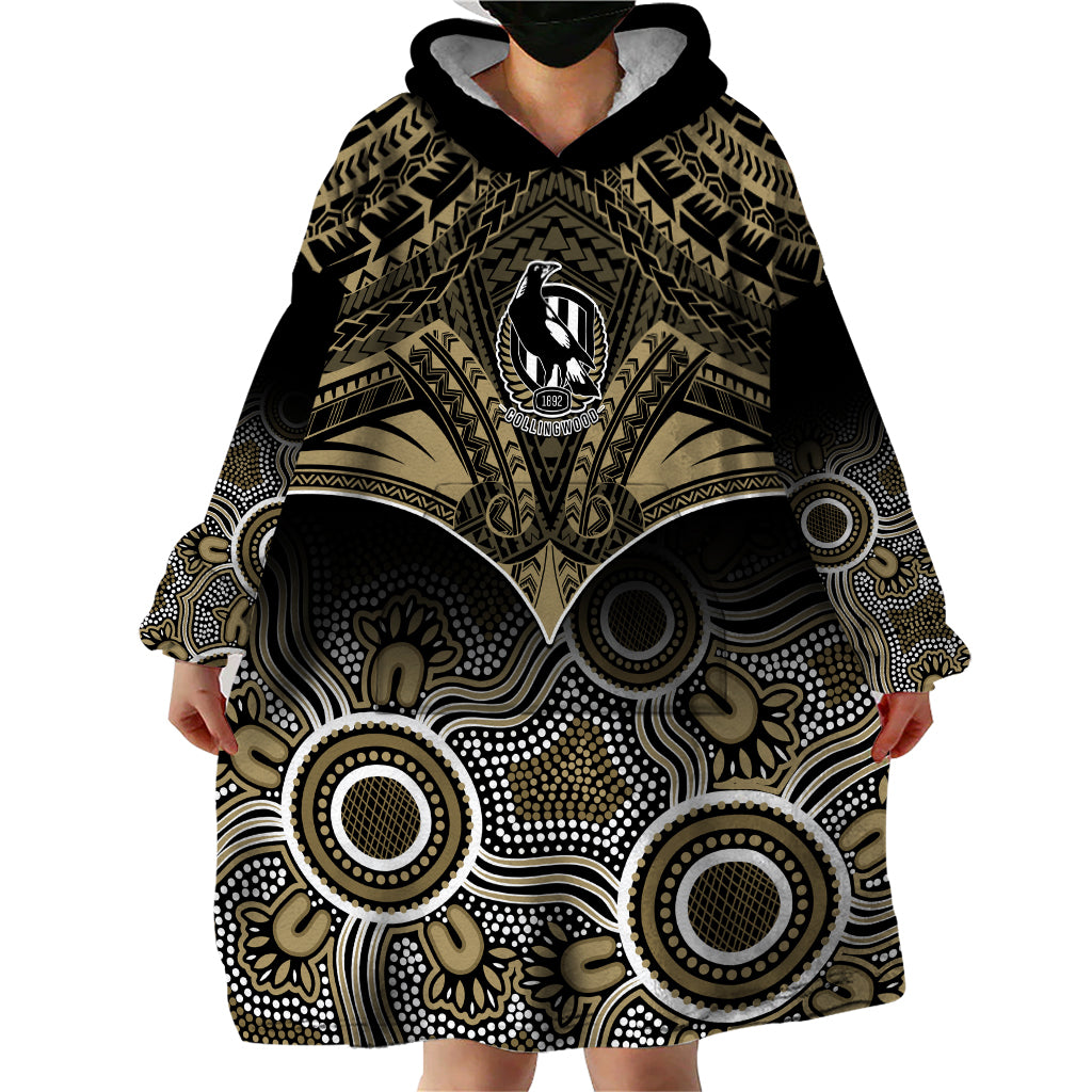 Collingwood Football Wearable Blanket Hoodie Go Magpies Aboriginal Mix Polynesian Pattern - Vibe Hoodie Shop