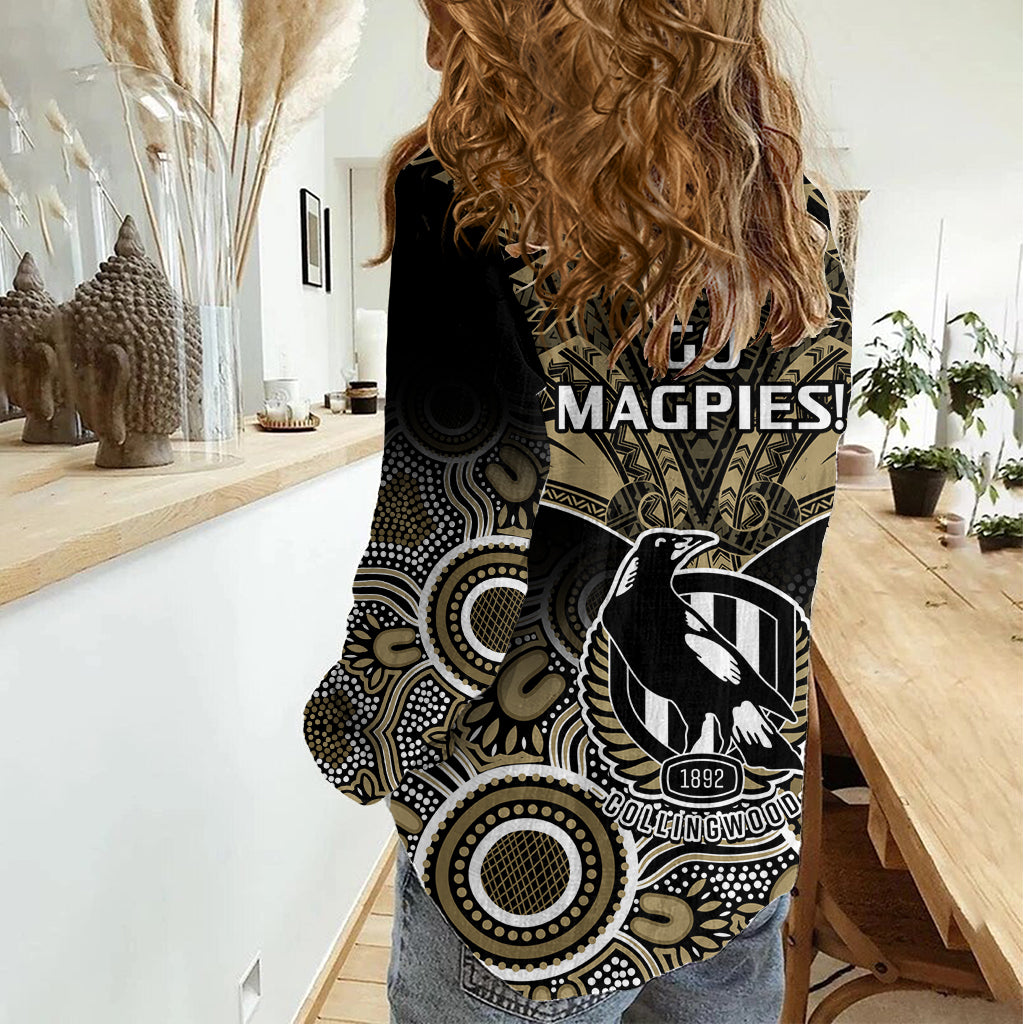 Collingwood Football Women Casual Shirt Go Magpies Aboriginal Mix Polynesian Pattern - Vibe Hoodie Shop