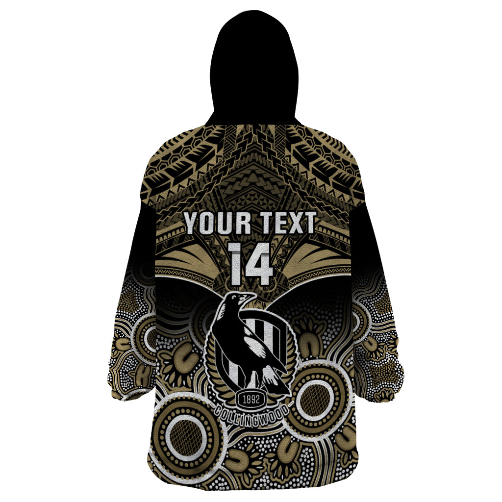 Personalised Collingwood Football Wearable Blanket Hoodie Go Magpies Aboriginal Mix Polynesian Pattern - Vibe Hoodie Shop