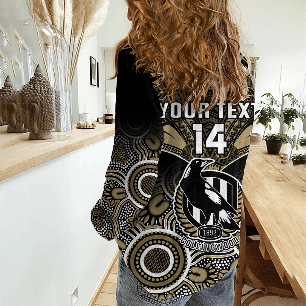Personalised Collingwood Football Women Casual Shirt Go Magpies Aboriginal Mix Polynesian Pattern - Vibe Hoodie Shop
