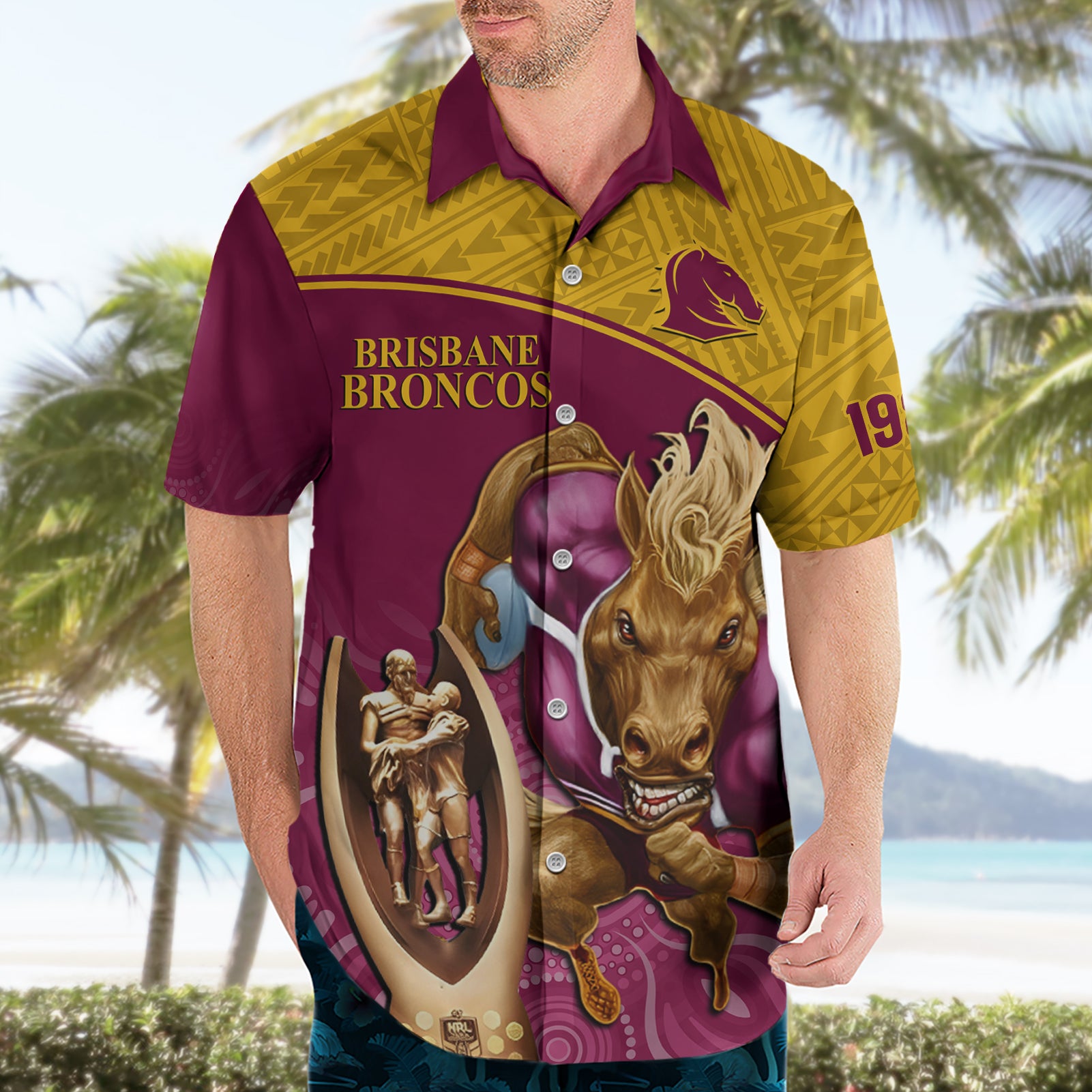 Custom Brisbane Broncos Rugby Hawaiian Shirt Go Champions 2023 Mascot With Polynesian Indigenous Art - Vibe Hoodie Shop
