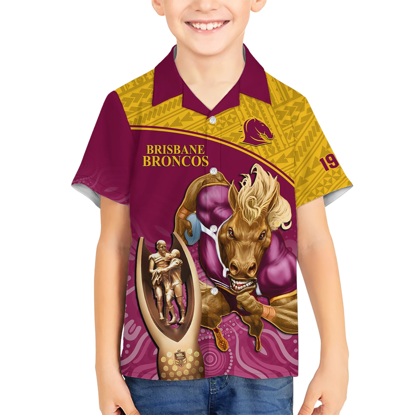 Custom Brisbane Broncos Rugby Hawaiian Shirt Go Champions 2023 Mascot With Polynesian Indigenous Art - Vibe Hoodie Shop