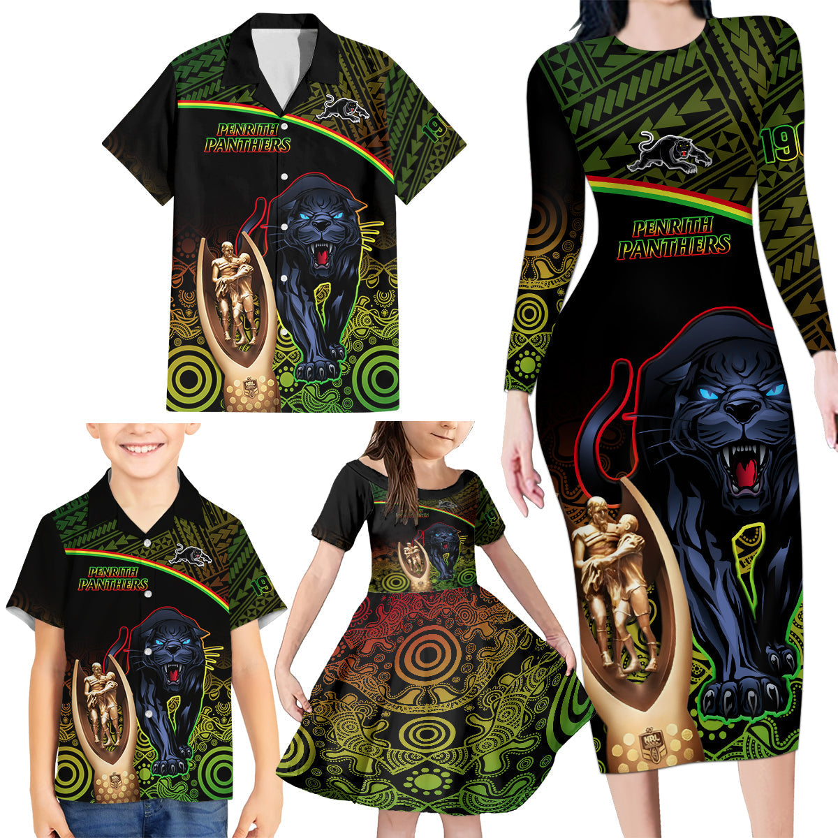 panthers-rugby-family-matching-long-sleeve-bodycon-dress-and-hawaiian-shirt-go-premiers-back-to-back-polynesian-indigenous-art
