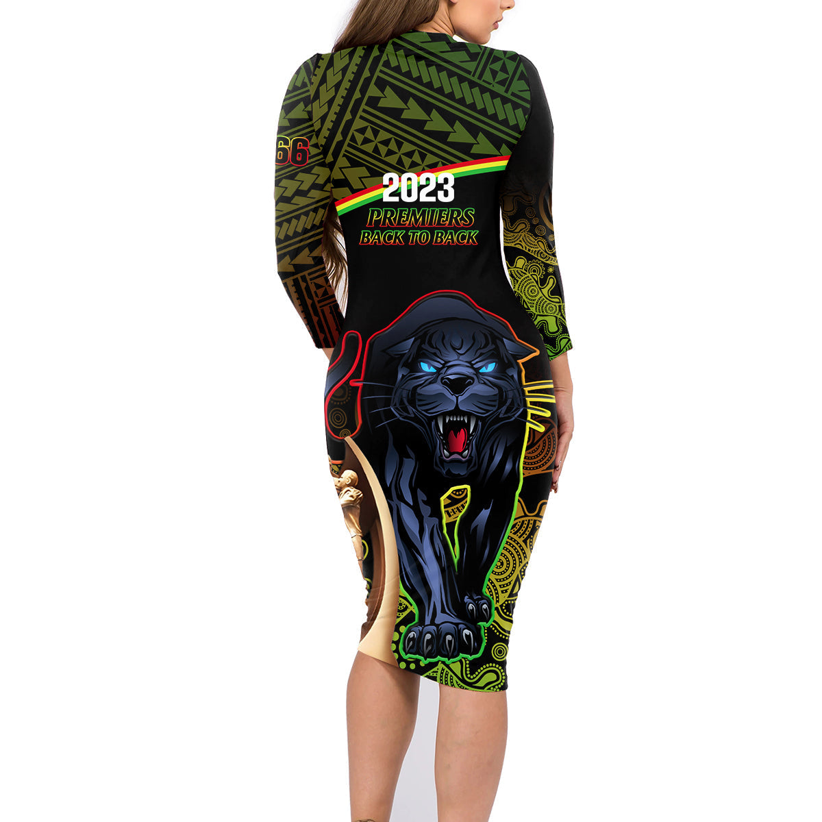 panthers-rugby-family-matching-long-sleeve-bodycon-dress-and-hawaiian-shirt-go-premiers-back-to-back-polynesian-indigenous-art