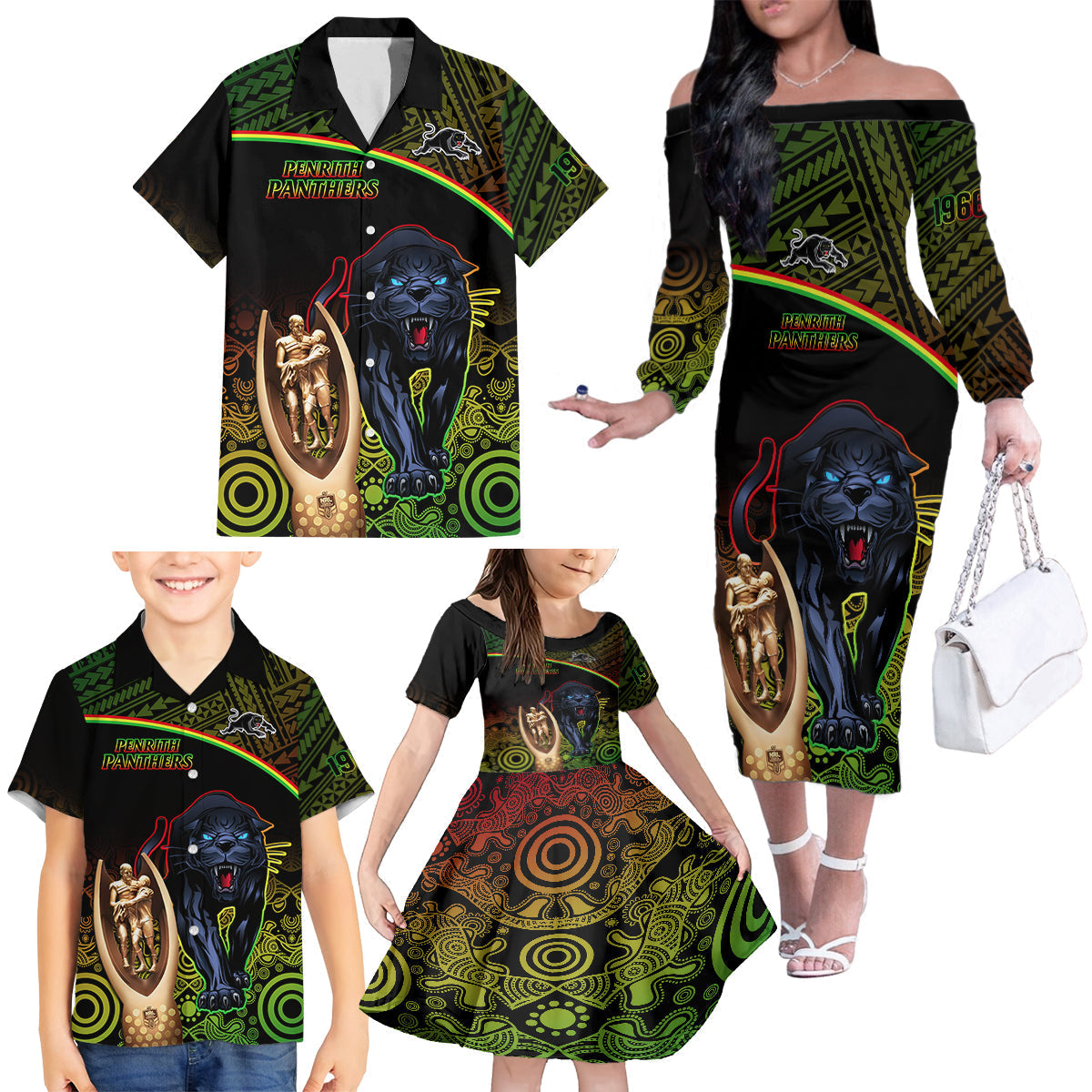 panthers-rugby-family-matching-off-shoulder-long-sleeve-dress-and-hawaiian-shirt-go-premiers-back-to-back-polynesian-indigenous-art