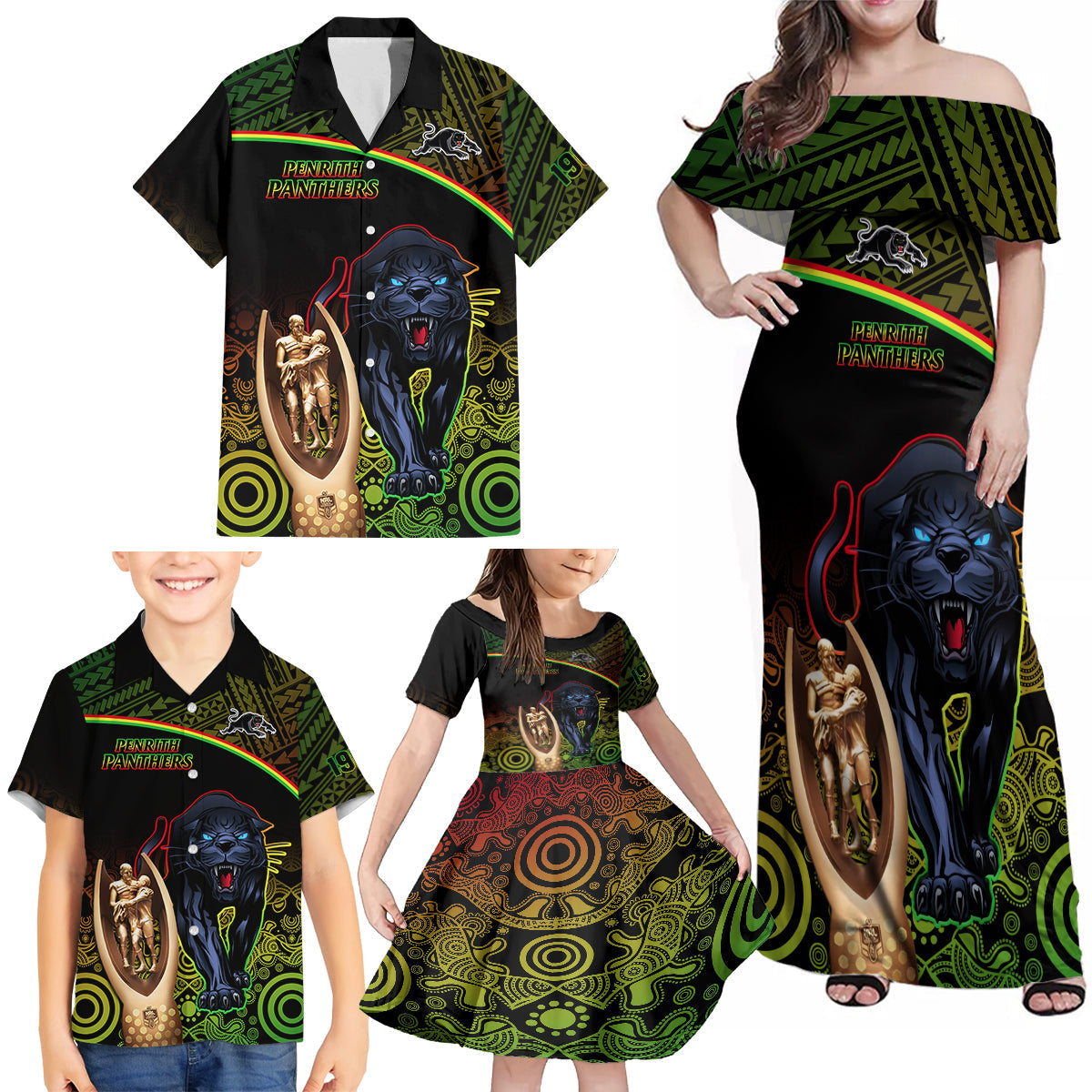 panthers-rugby-family-matching-off-shoulder-maxi-dress-and-hawaiian-shirt-go-premiers-back-to-back-polynesian-indigenous-art