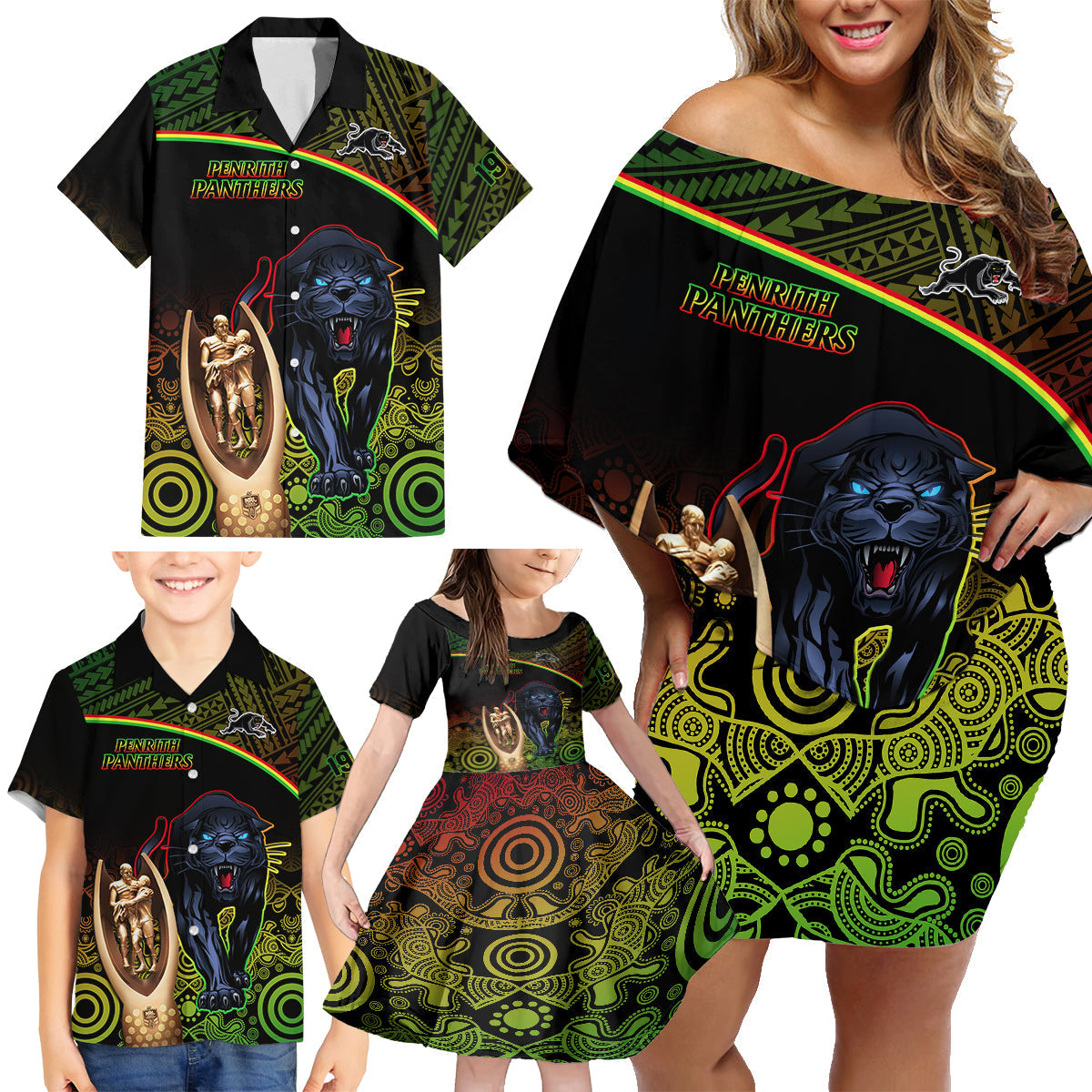 panthers-rugby-family-matching-off-shoulder-short-dress-and-hawaiian-shirt-go-premiers-back-to-back-polynesian-indigenous-art