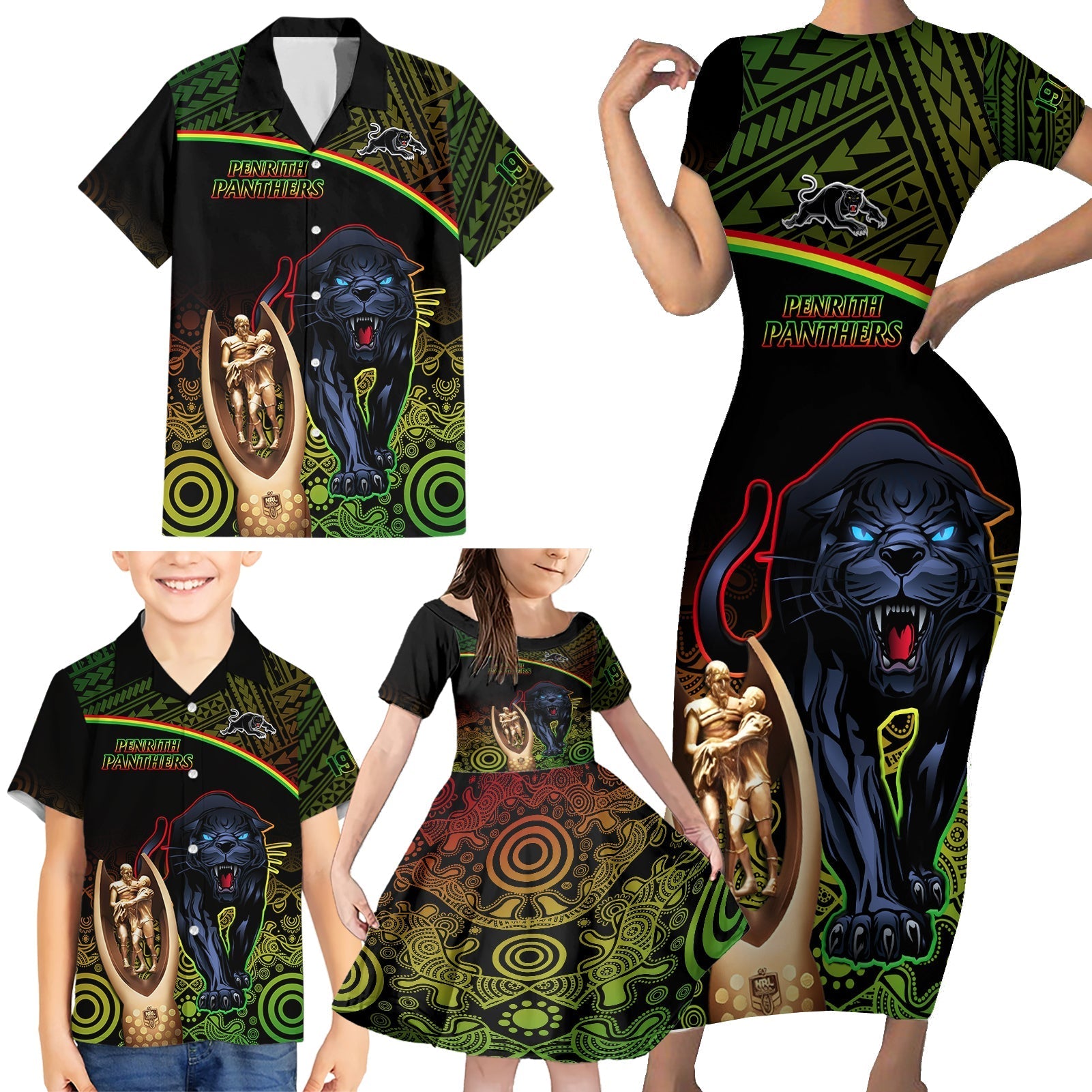 panthers-rugby-family-matching-short-sleeve-bodycon-dress-and-hawaiian-shirt-go-premiers-back-to-back-polynesian-indigenous-art