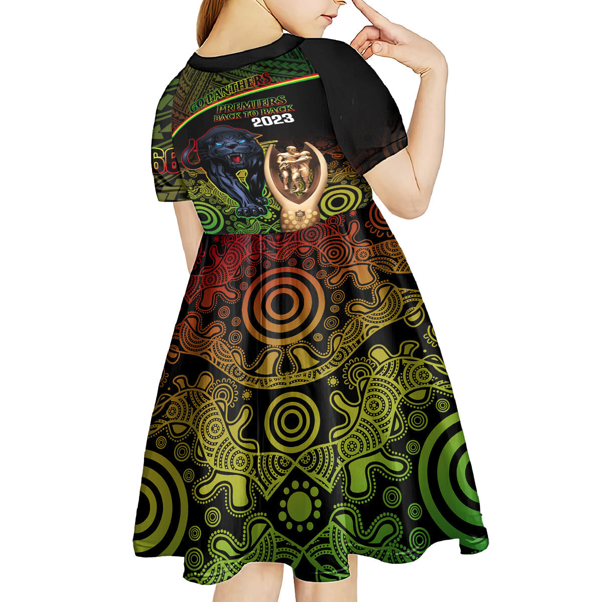 Panthers Rugby Kid Short Sleeve Dress Go Premiers Back To Back Polynesian Indigenous Art - Vibe Hoodie Shop