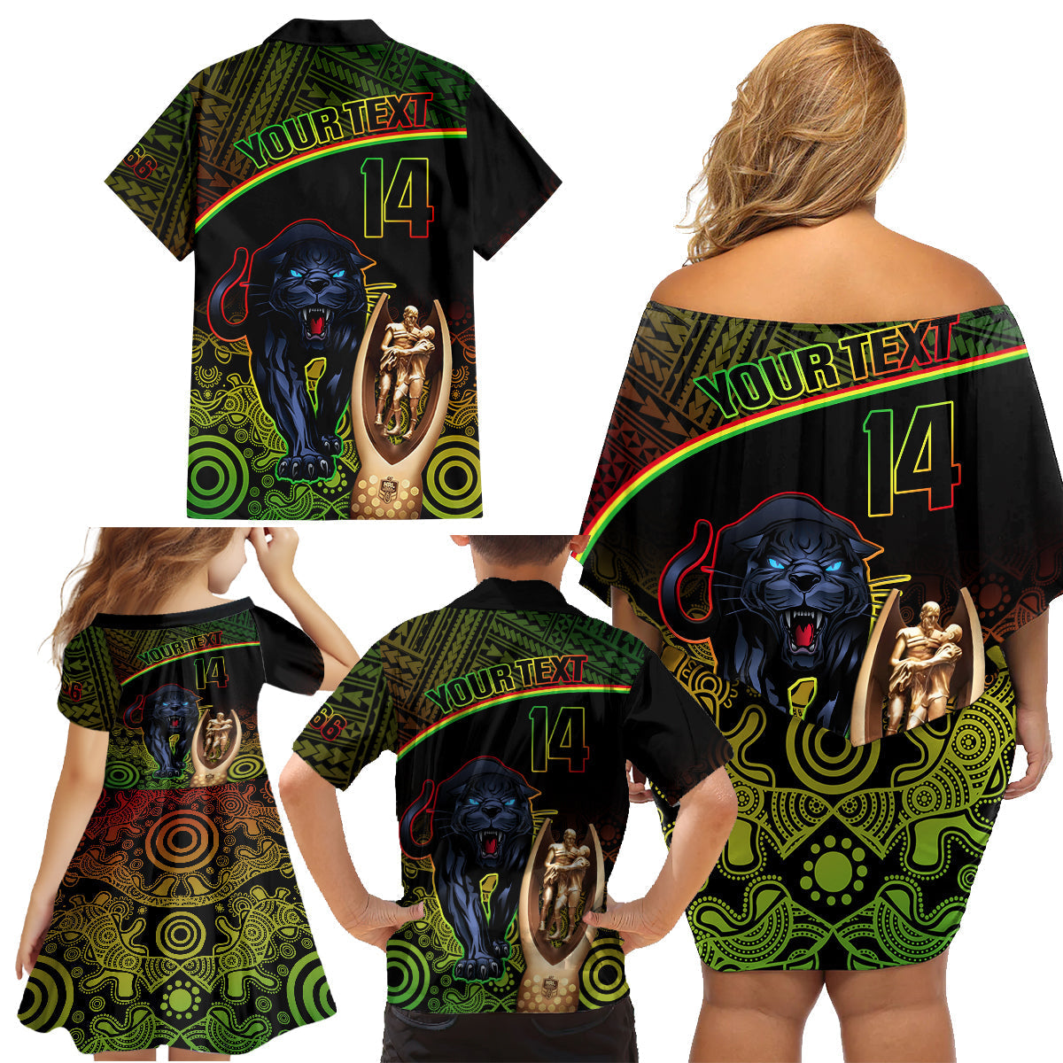 custom-panthers-rugby-family-matching-off-shoulder-short-dress-and-hawaiian-shirt-go-premiers-back-to-back-polynesian-indigenous-art