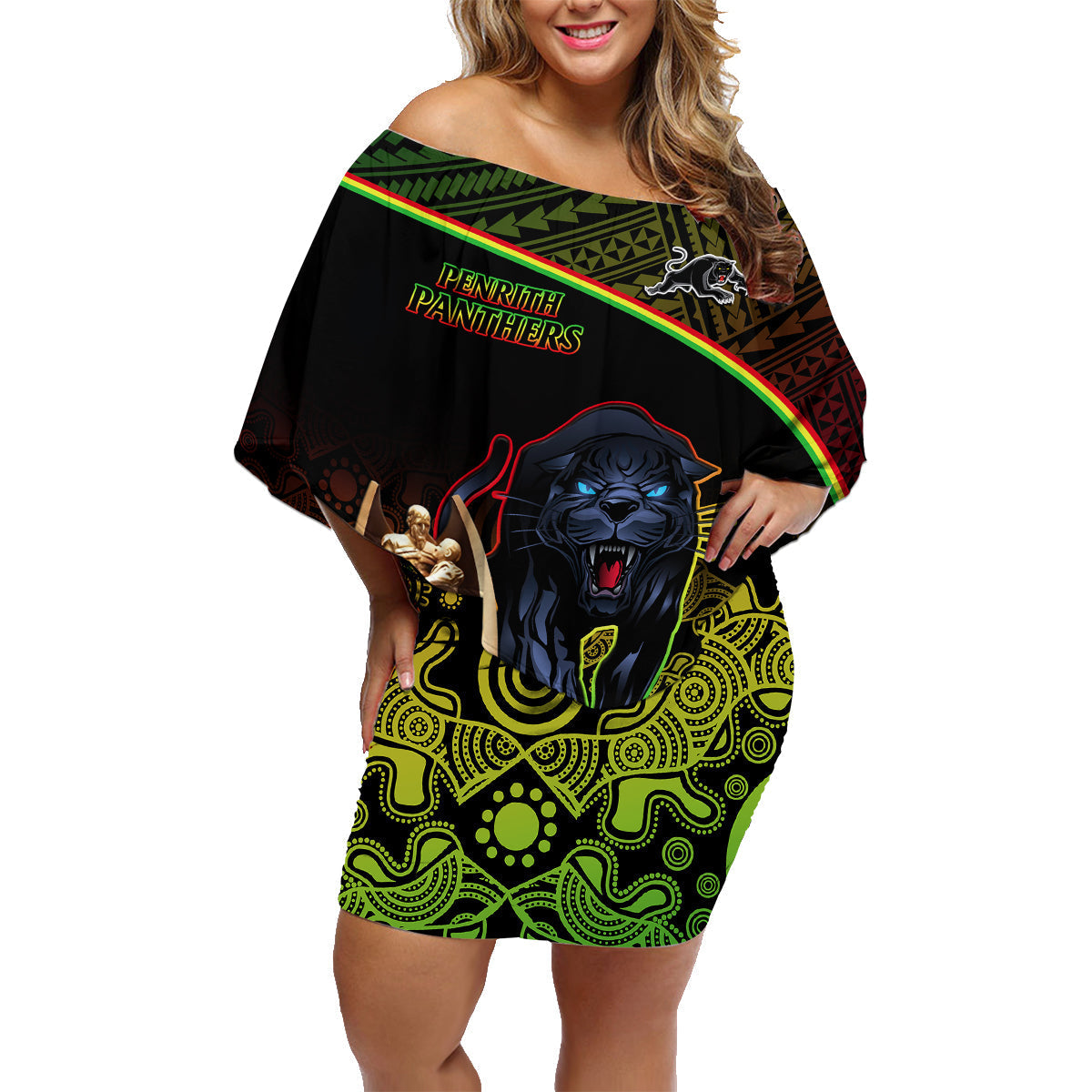 custom-panthers-rugby-family-matching-off-shoulder-short-dress-and-hawaiian-shirt-go-premiers-back-to-back-polynesian-indigenous-art