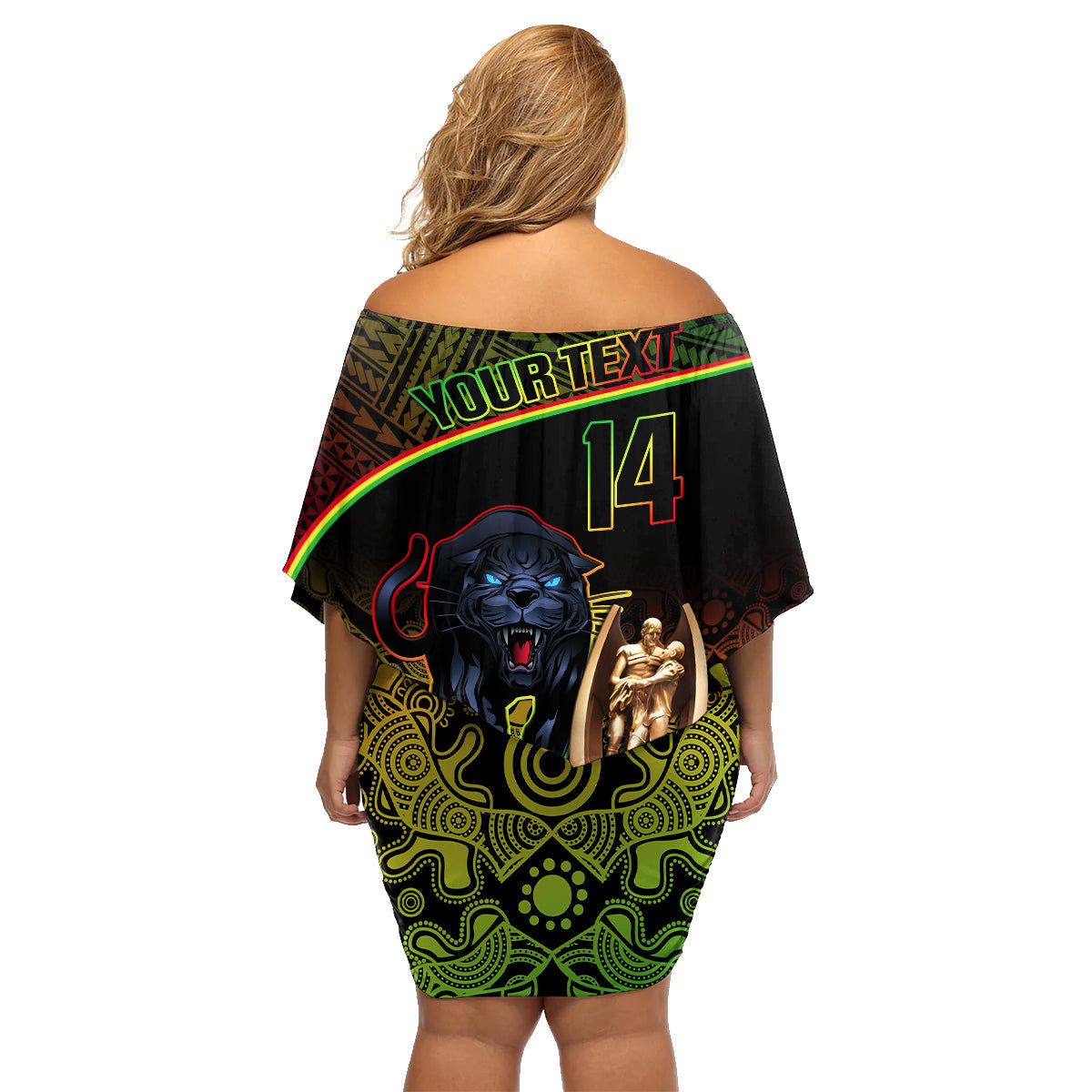 custom-panthers-rugby-family-matching-off-shoulder-short-dress-and-hawaiian-shirt-go-premiers-back-to-back-polynesian-indigenous-art
