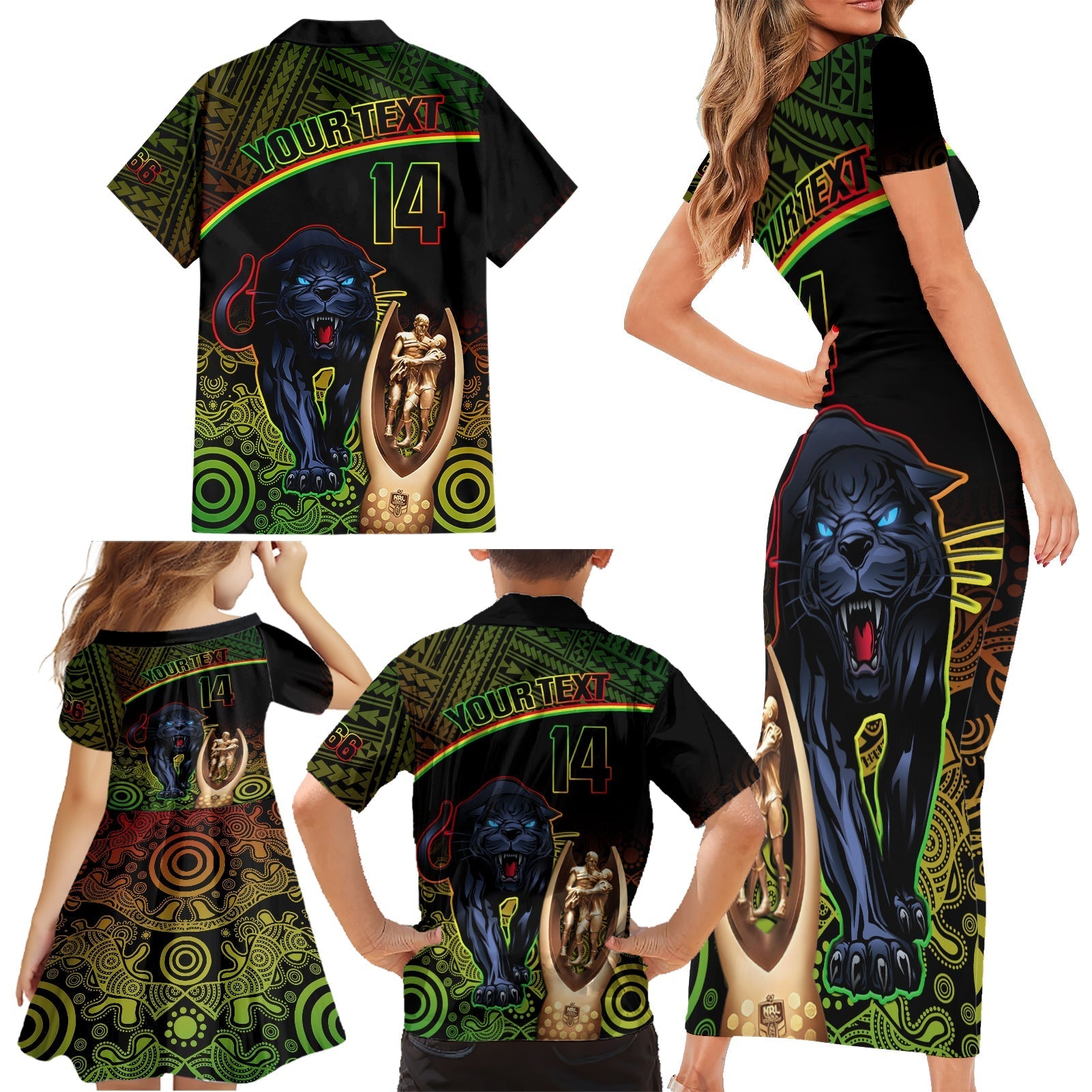 custom-panthers-rugby-family-matching-short-sleeve-bodycon-dress-and-hawaiian-shirt-go-premiers-back-to-back-polynesian-indigenous-art