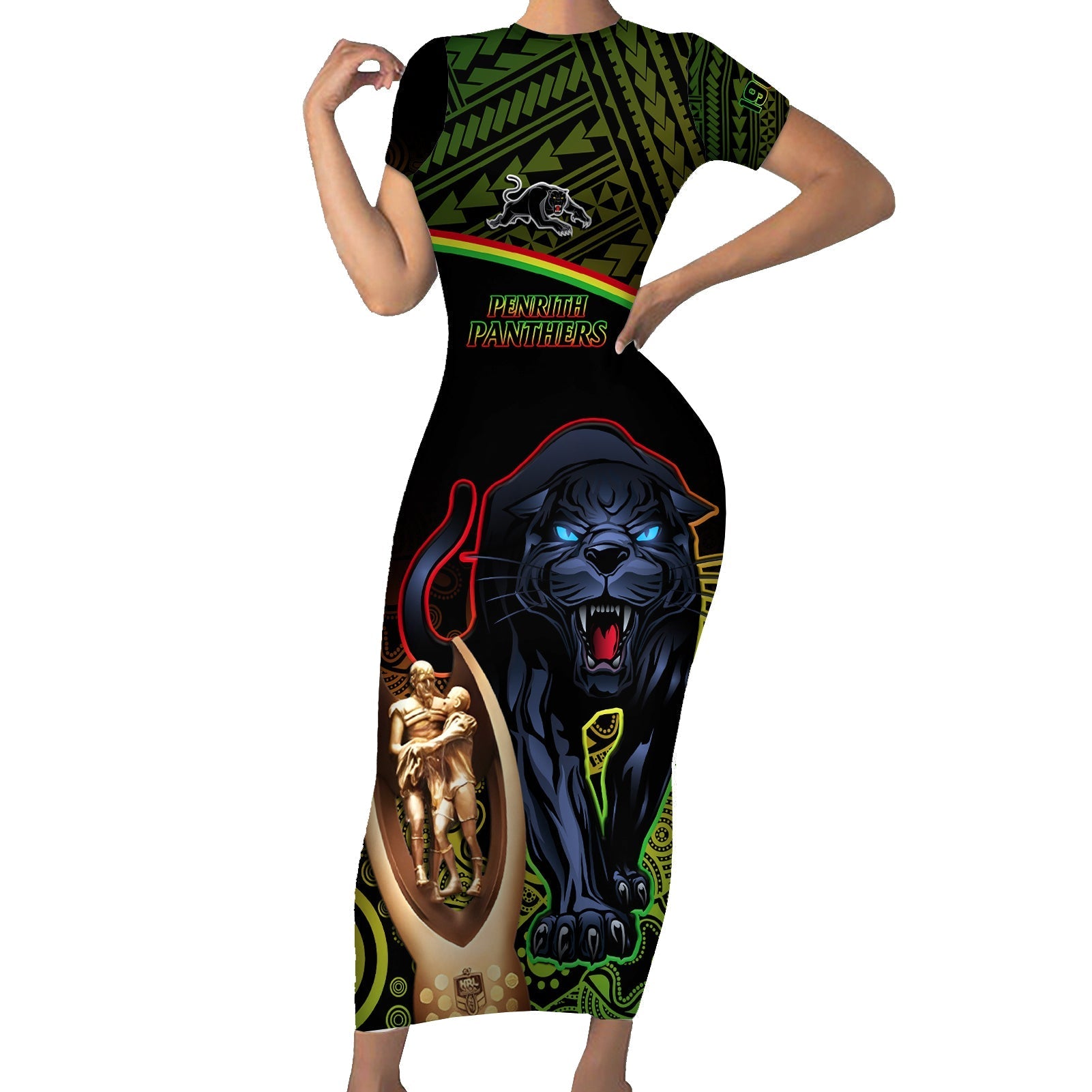 custom-panthers-rugby-family-matching-short-sleeve-bodycon-dress-and-hawaiian-shirt-go-premiers-back-to-back-polynesian-indigenous-art
