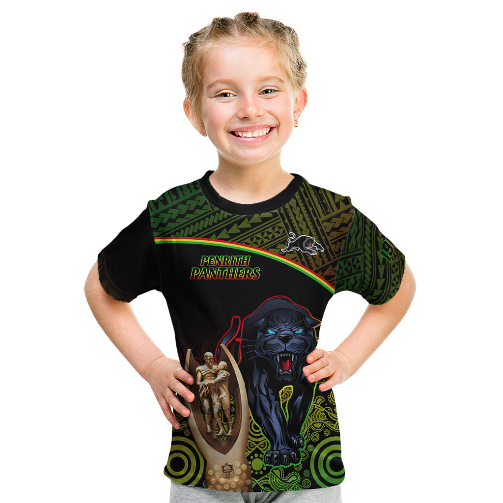 Custom Panthers Rugby Kid T Shirt Go Premiers Back To Back Polynesian Indigenous Art - Vibe Hoodie Shop