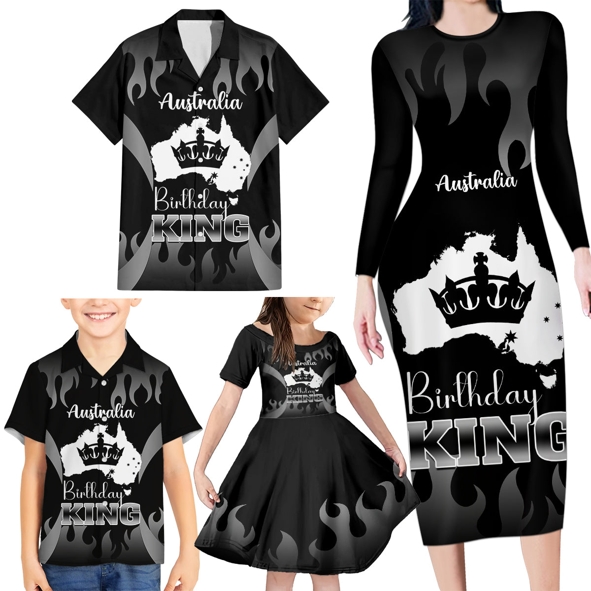 australia-king-birthday-family-matching-long-sleeve-bodycon-dress-and-hawaiian-shirt-australian-map-with-crown-black-version