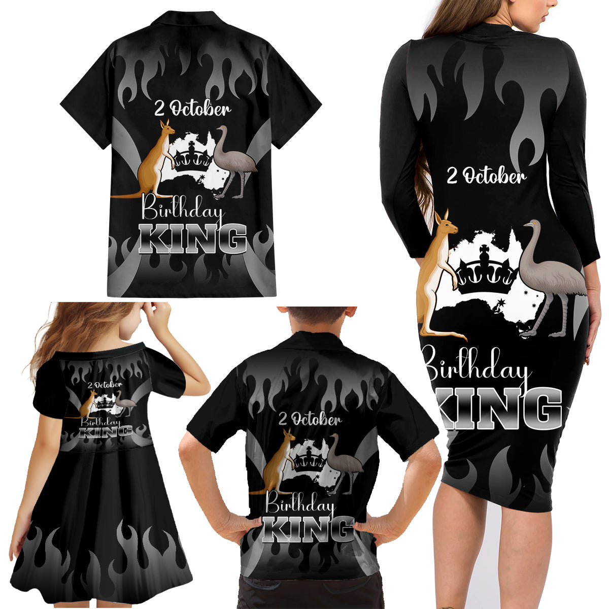 australia-king-birthday-family-matching-long-sleeve-bodycon-dress-and-hawaiian-shirt-australian-map-with-crown-black-version