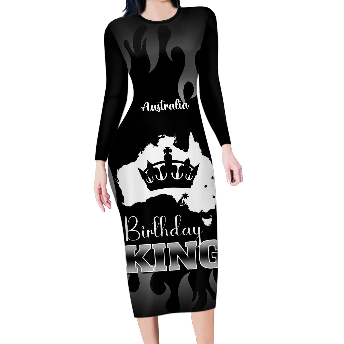 australia-king-birthday-family-matching-long-sleeve-bodycon-dress-and-hawaiian-shirt-australian-map-with-crown-black-version