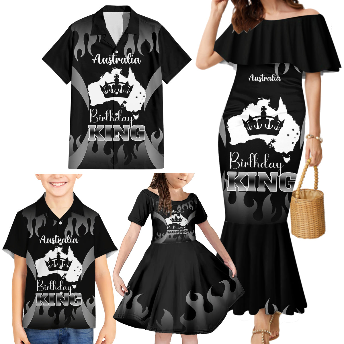 australia-king-birthday-family-matching-mermaid-dress-and-hawaiian-shirt-australian-map-with-crown-black-version