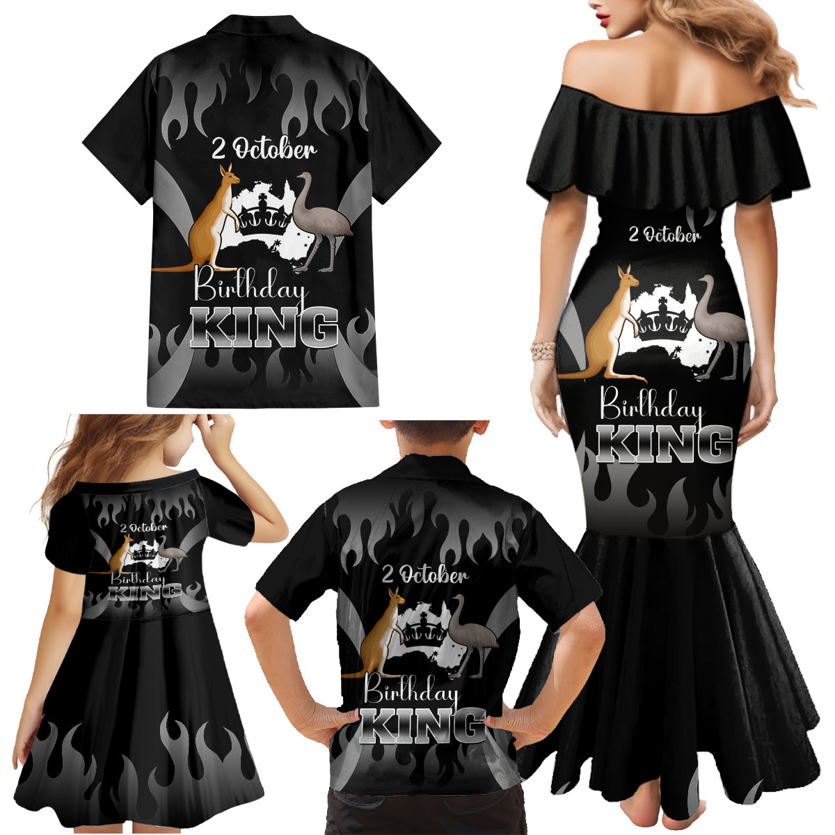 australia-king-birthday-family-matching-mermaid-dress-and-hawaiian-shirt-australian-map-with-crown-black-version