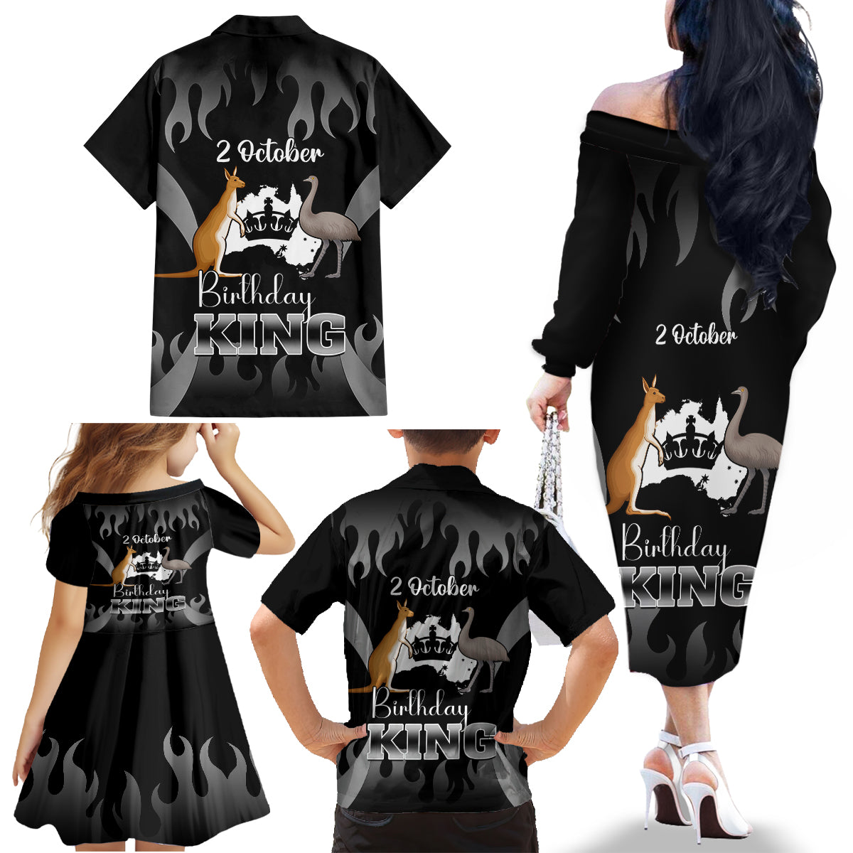 australia-king-birthday-family-matching-off-shoulder-long-sleeve-dress-and-hawaiian-shirt-australian-map-with-crown-black-version