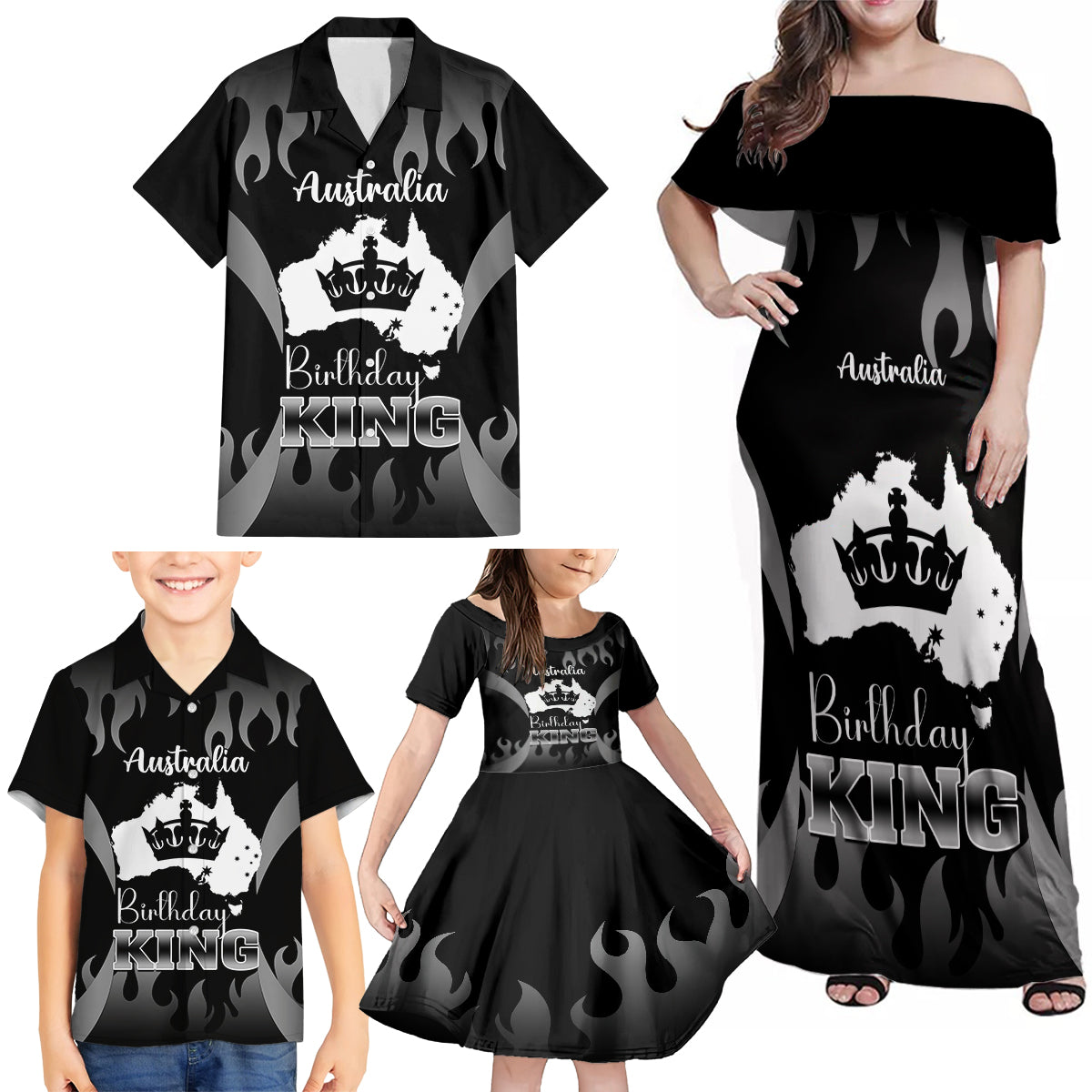 australia-king-birthday-family-matching-off-shoulder-maxi-dress-and-hawaiian-shirt-australian-map-with-crown-black-version