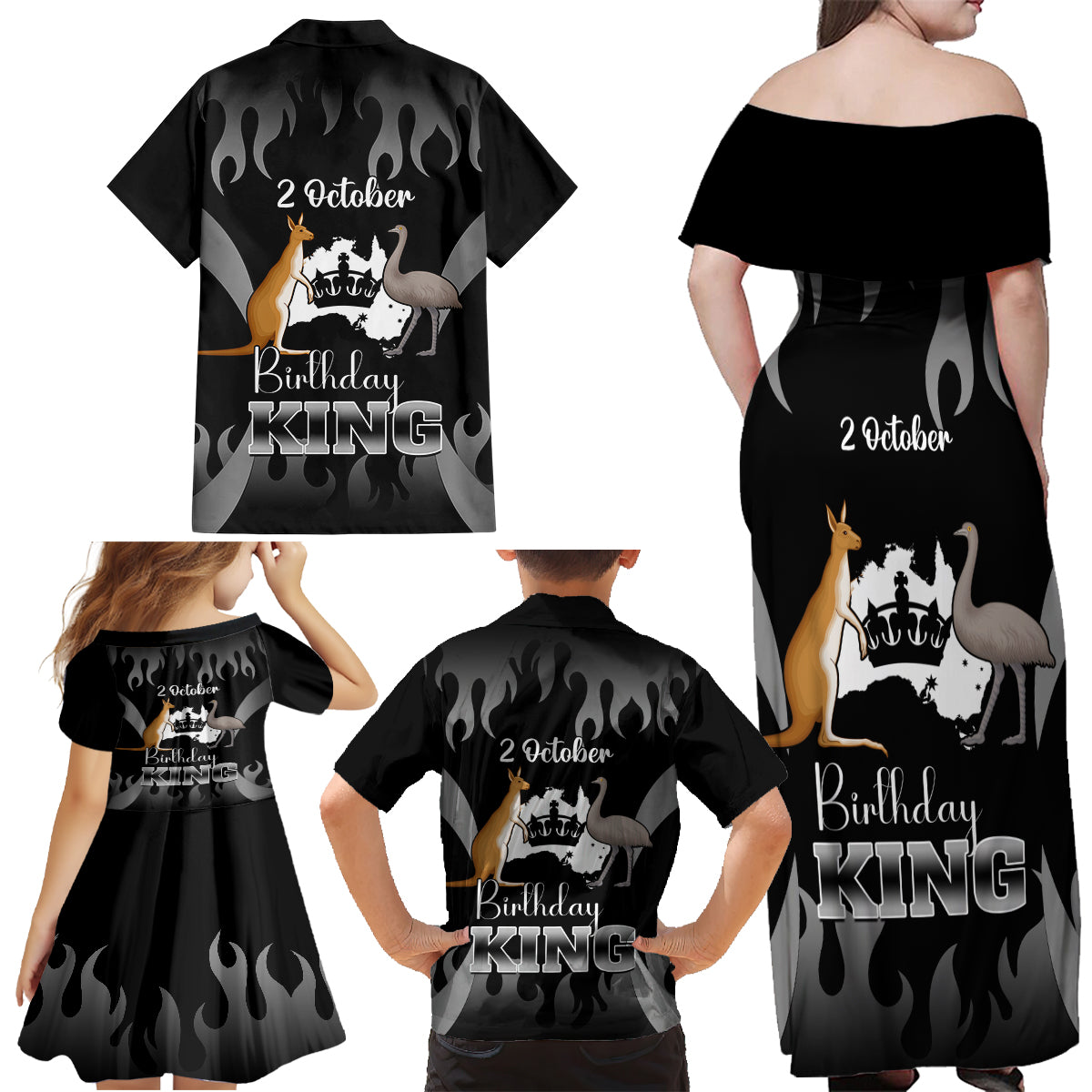 australia-king-birthday-family-matching-off-shoulder-maxi-dress-and-hawaiian-shirt-australian-map-with-crown-black-version