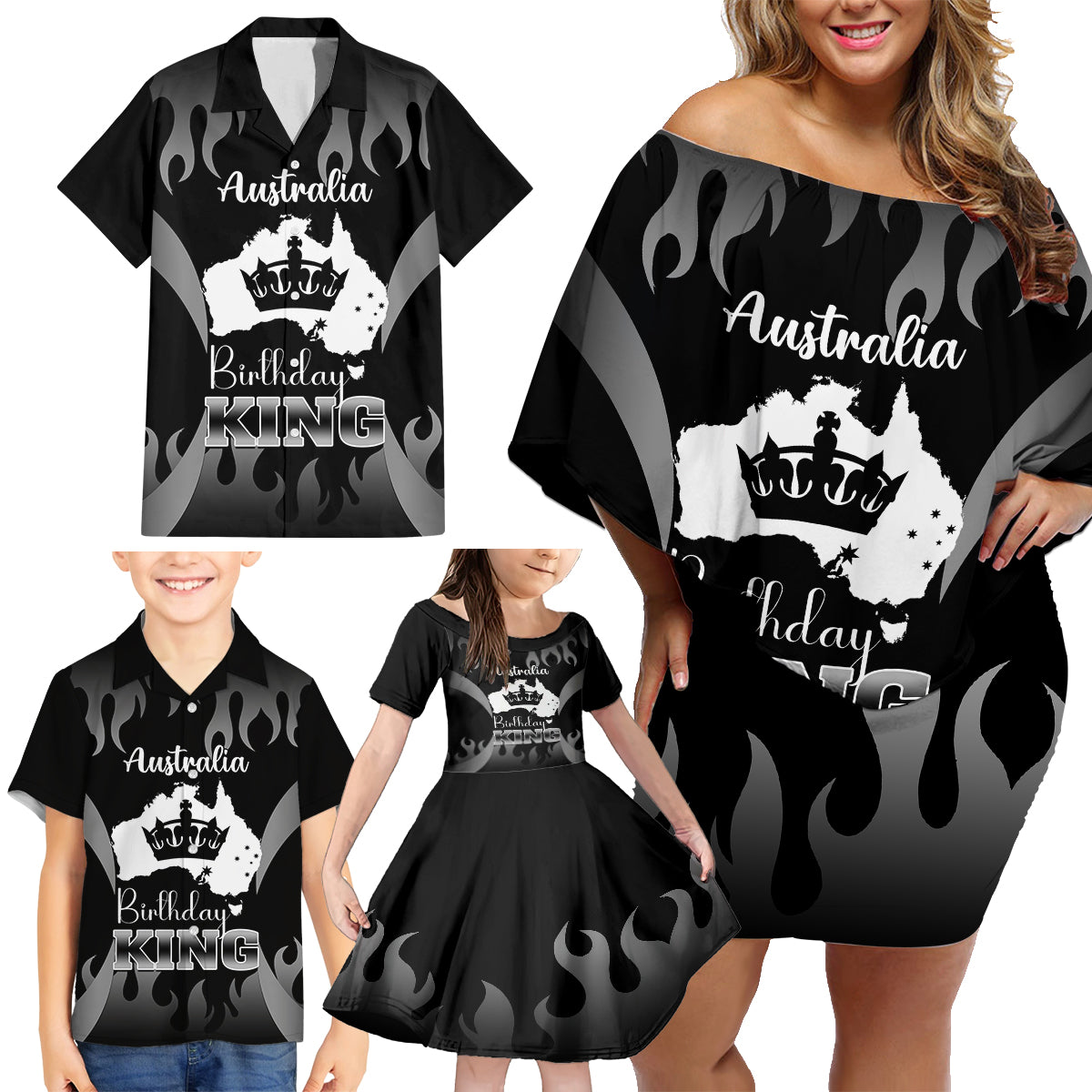 australia-king-birthday-family-matching-off-shoulder-short-dress-and-hawaiian-shirt-australian-map-with-crown-black-version