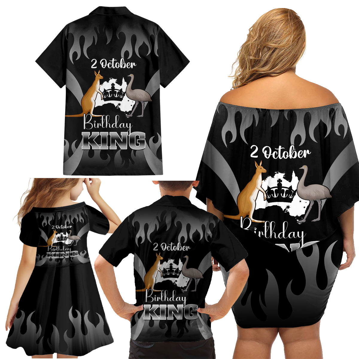 australia-king-birthday-family-matching-off-shoulder-short-dress-and-hawaiian-shirt-australian-map-with-crown-black-version