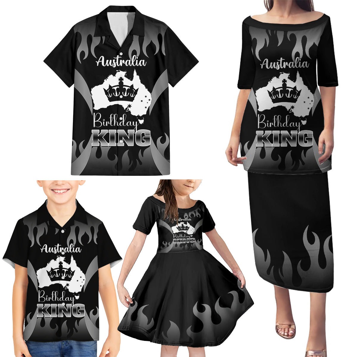 australia-king-birthday-family-matching-puletasi-dress-and-hawaiian-shirt-australian-map-with-crown-black-version