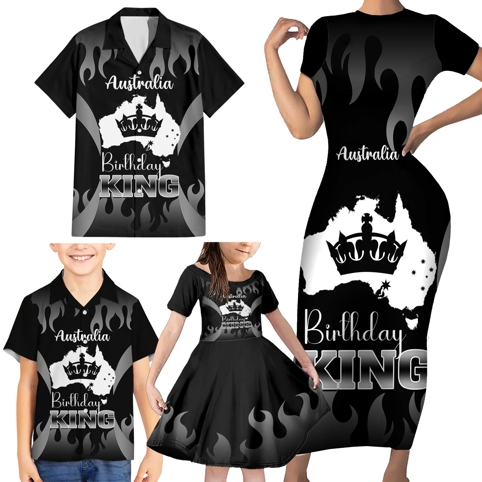 australia-king-birthday-family-matching-short-sleeve-bodycon-dress-and-hawaiian-shirt-australian-map-with-crown-black-version