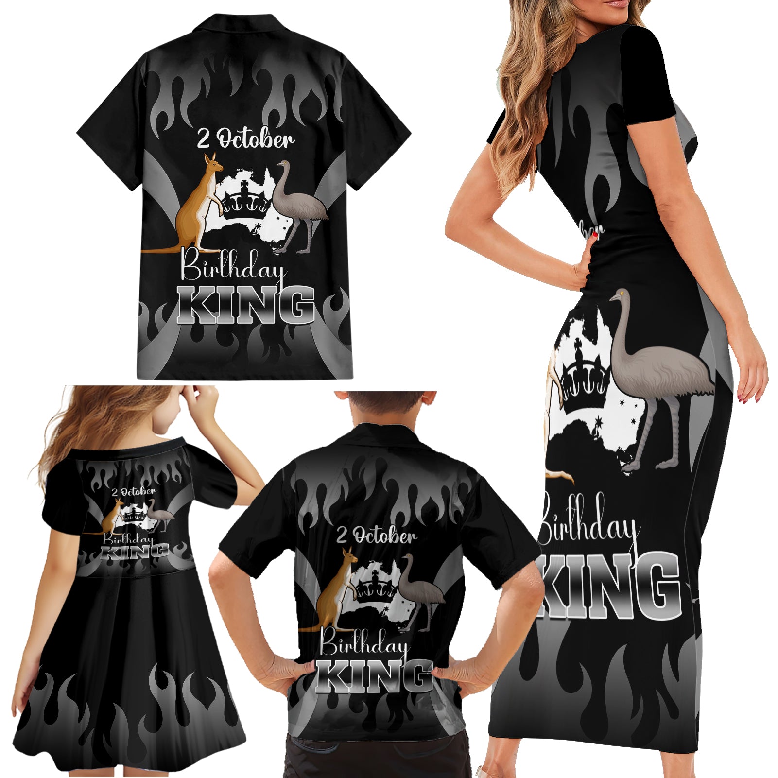 australia-king-birthday-family-matching-short-sleeve-bodycon-dress-and-hawaiian-shirt-australian-map-with-crown-black-version