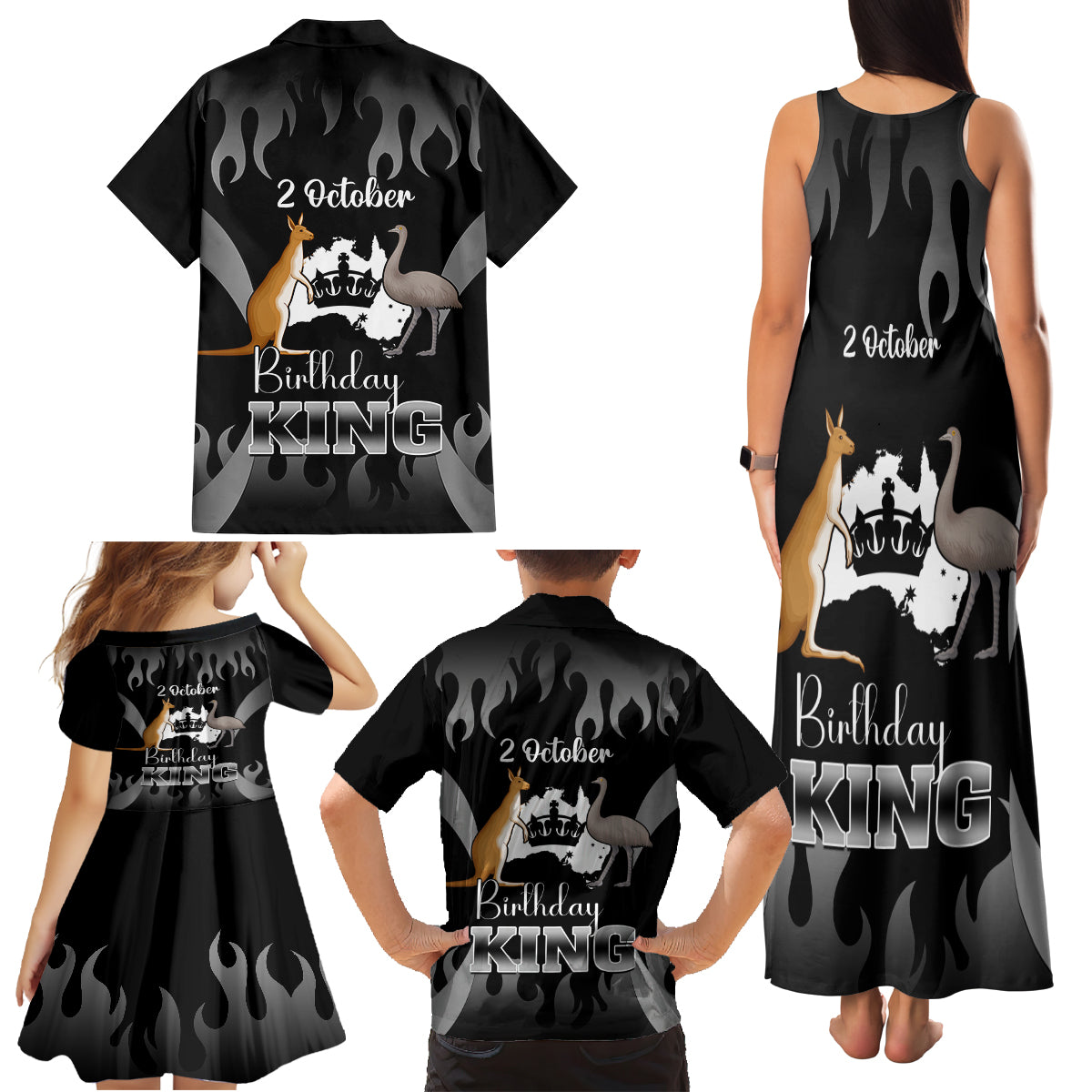 australia-king-birthday-family-matching-tank-maxi-dress-and-hawaiian-shirt-australian-map-with-crown-black-version