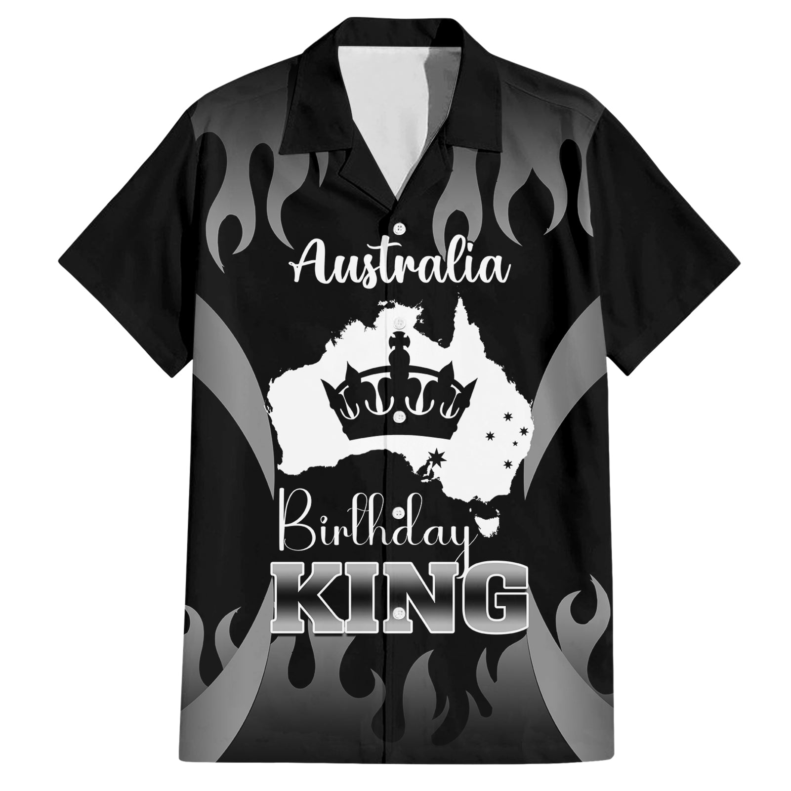 Personalised Australia King Birthday Hawaiian Shirt Australian Map With Crown Black Version - Vibe Hoodie Shop