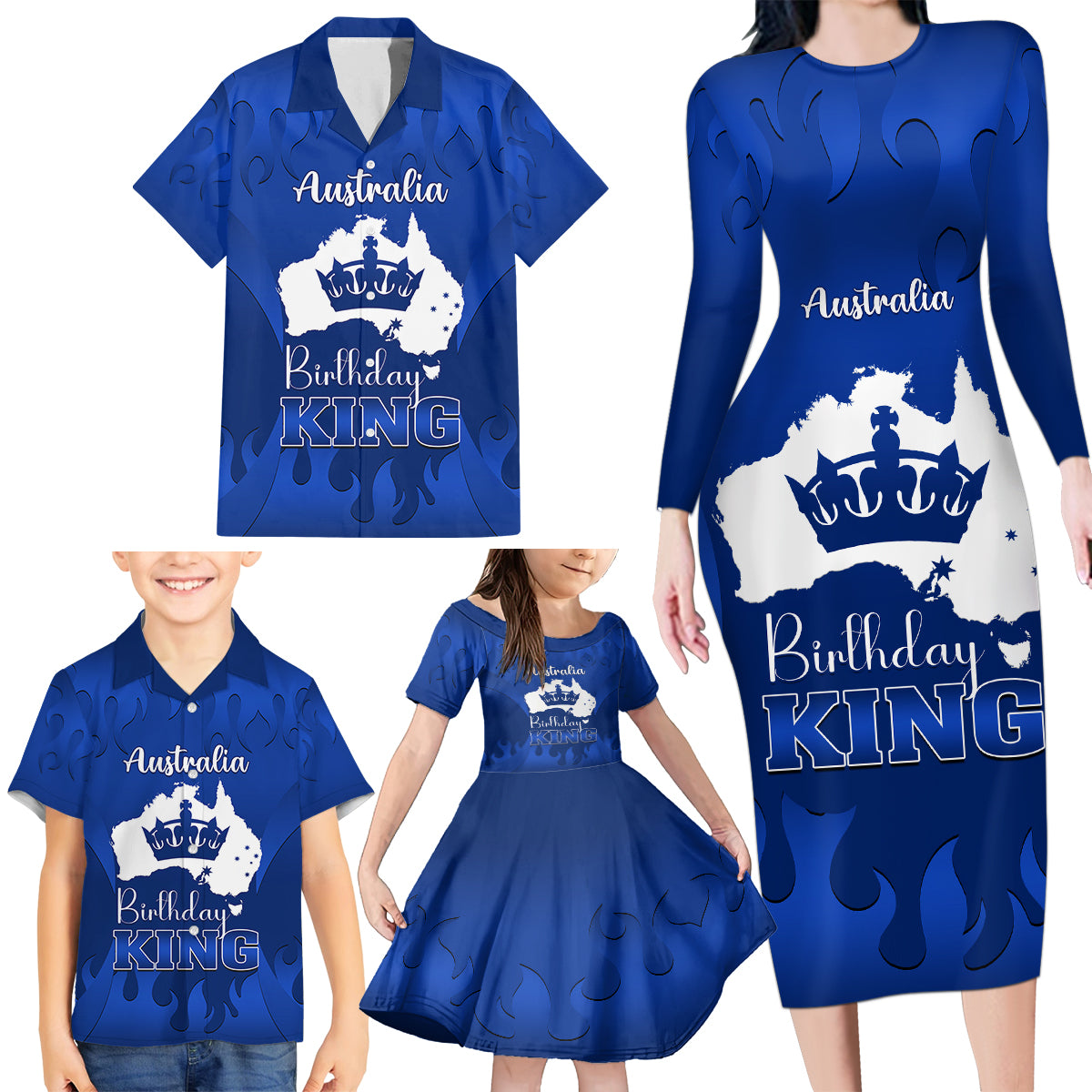 australia-king-birthday-family-matching-long-sleeve-bodycon-dress-and-hawaiian-shirt-australian-map-with-crown-blue-version