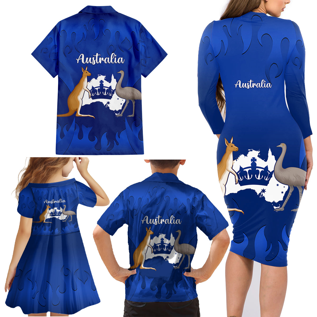 australia-king-birthday-family-matching-long-sleeve-bodycon-dress-and-hawaiian-shirt-australian-map-with-crown-blue-version